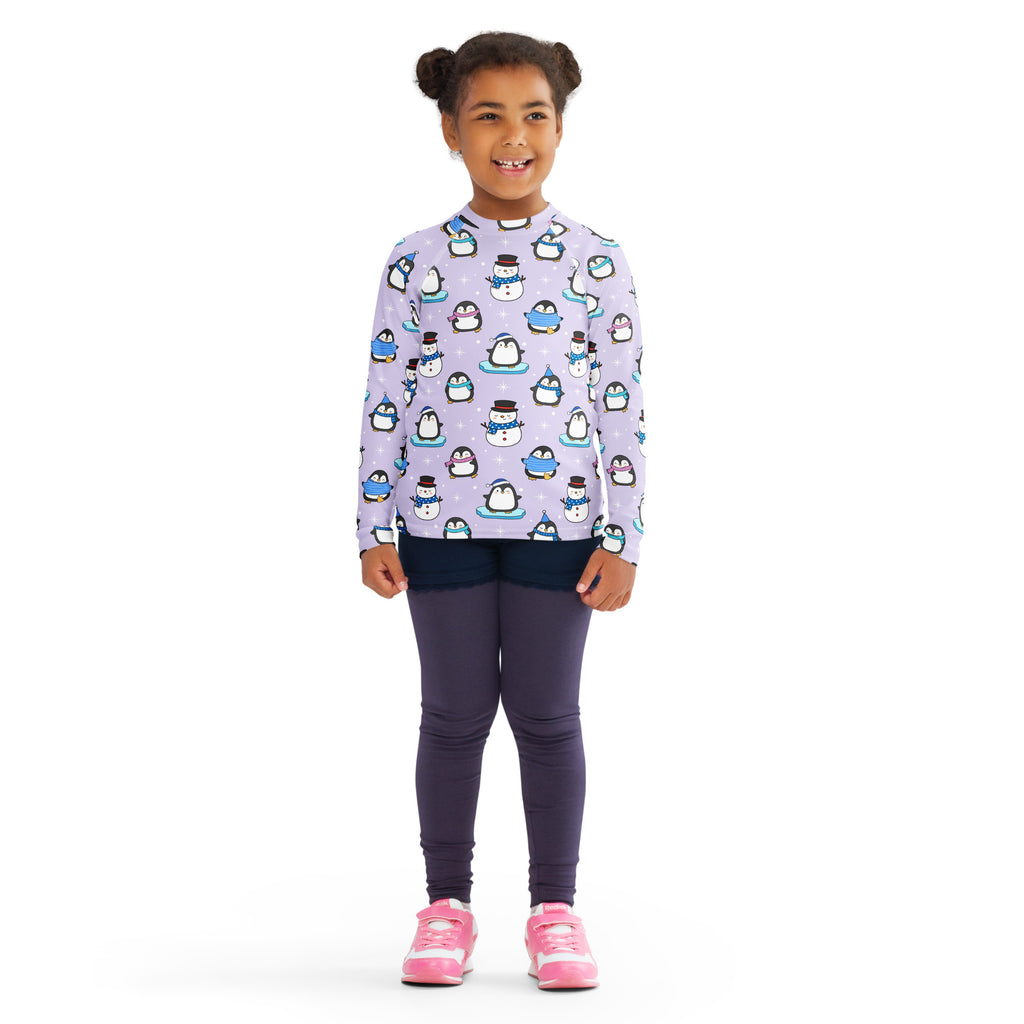Kids Winter Penguin Long Sleeve Rash Guard Swim Shirt With UPF 50+