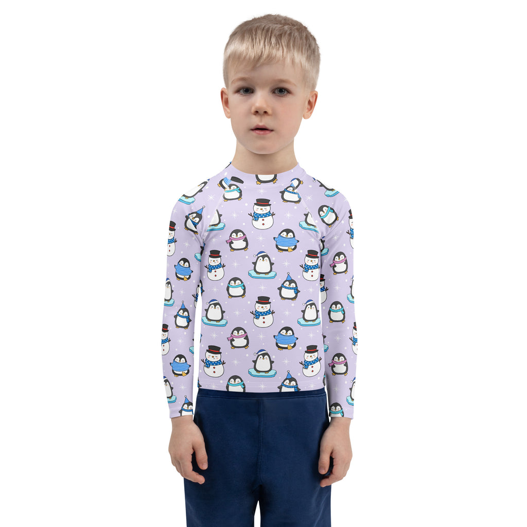 Kids Winter Penguin Long Sleeve Rash Guard Swim Shirt With UPF 50+