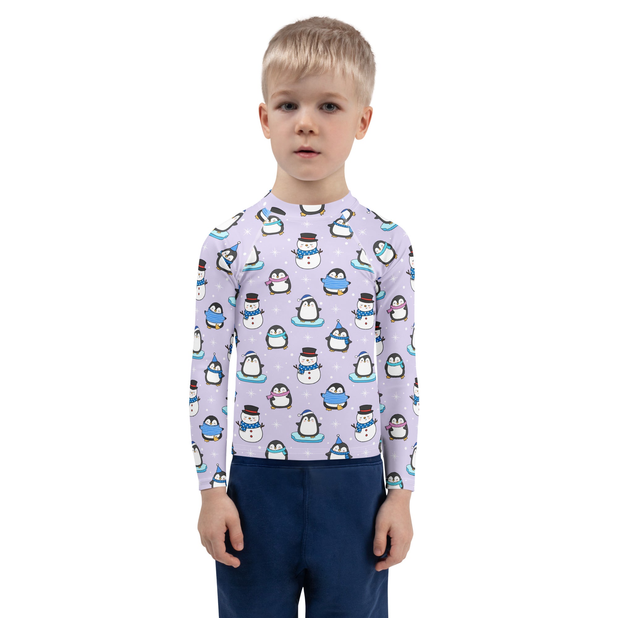 Kids Winter Penguin Long Sleeve Rash Guard Swim Shirt With UPF 50+