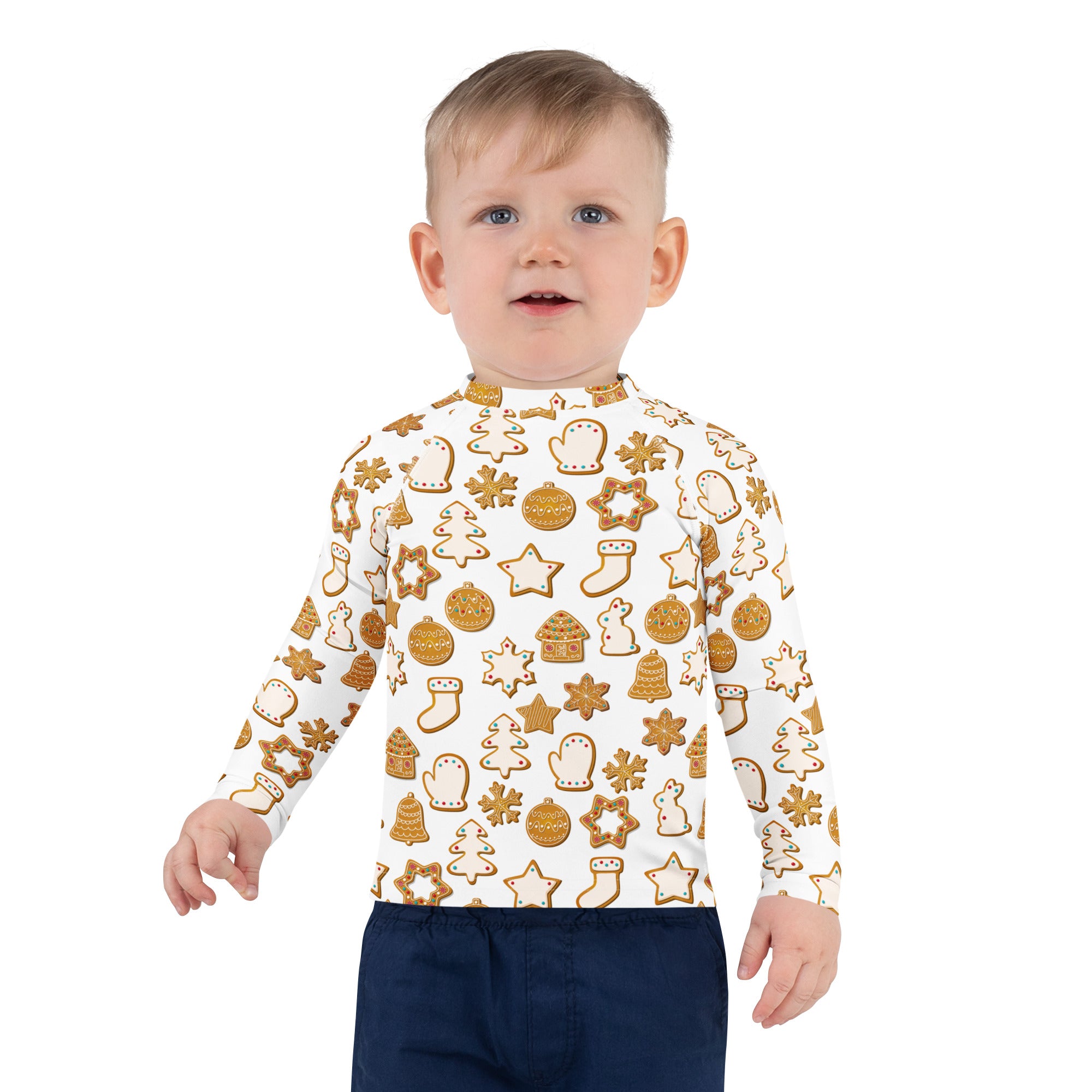 White kids long-sleeve rash guard swim shirt with gold holiday gingerbread cookie print and upf 50+ protection