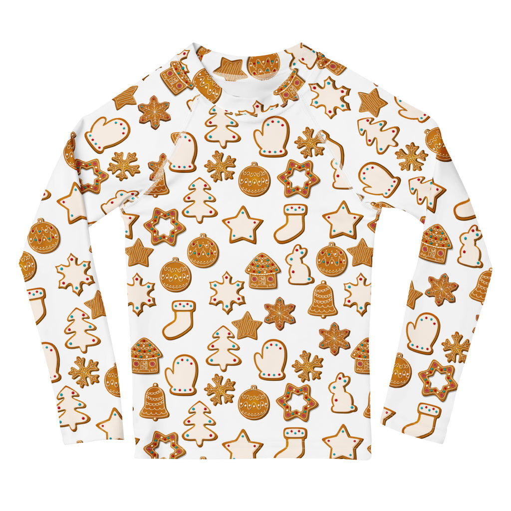 White long-sleeved kids rash guard swim shirt with gingerbread cookie festive pattern and upf 50 plus protection
