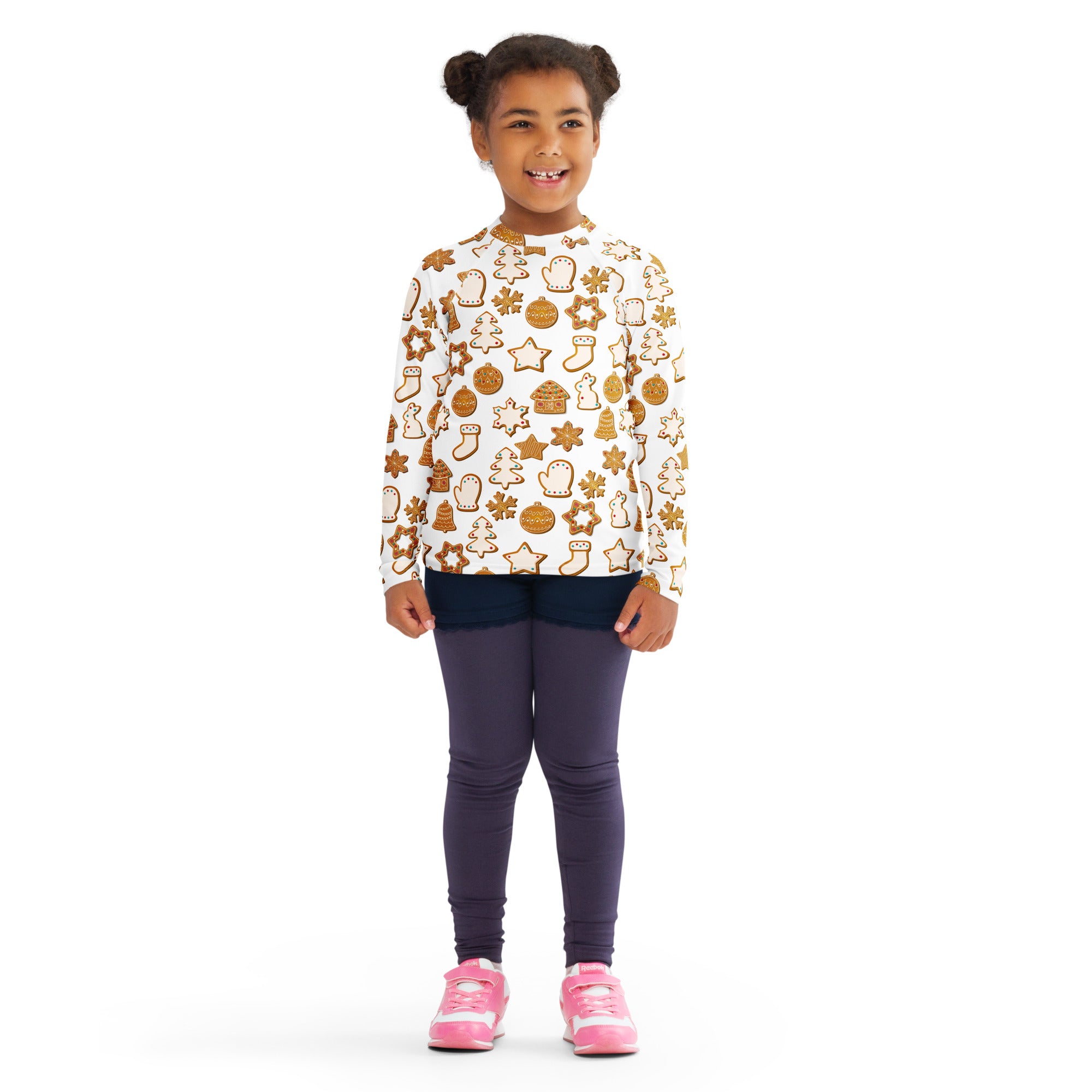 Kids christmas gingerbread cookie long sleeve rash guard swim shirt in white with gold holiday cookie and ornament patterns