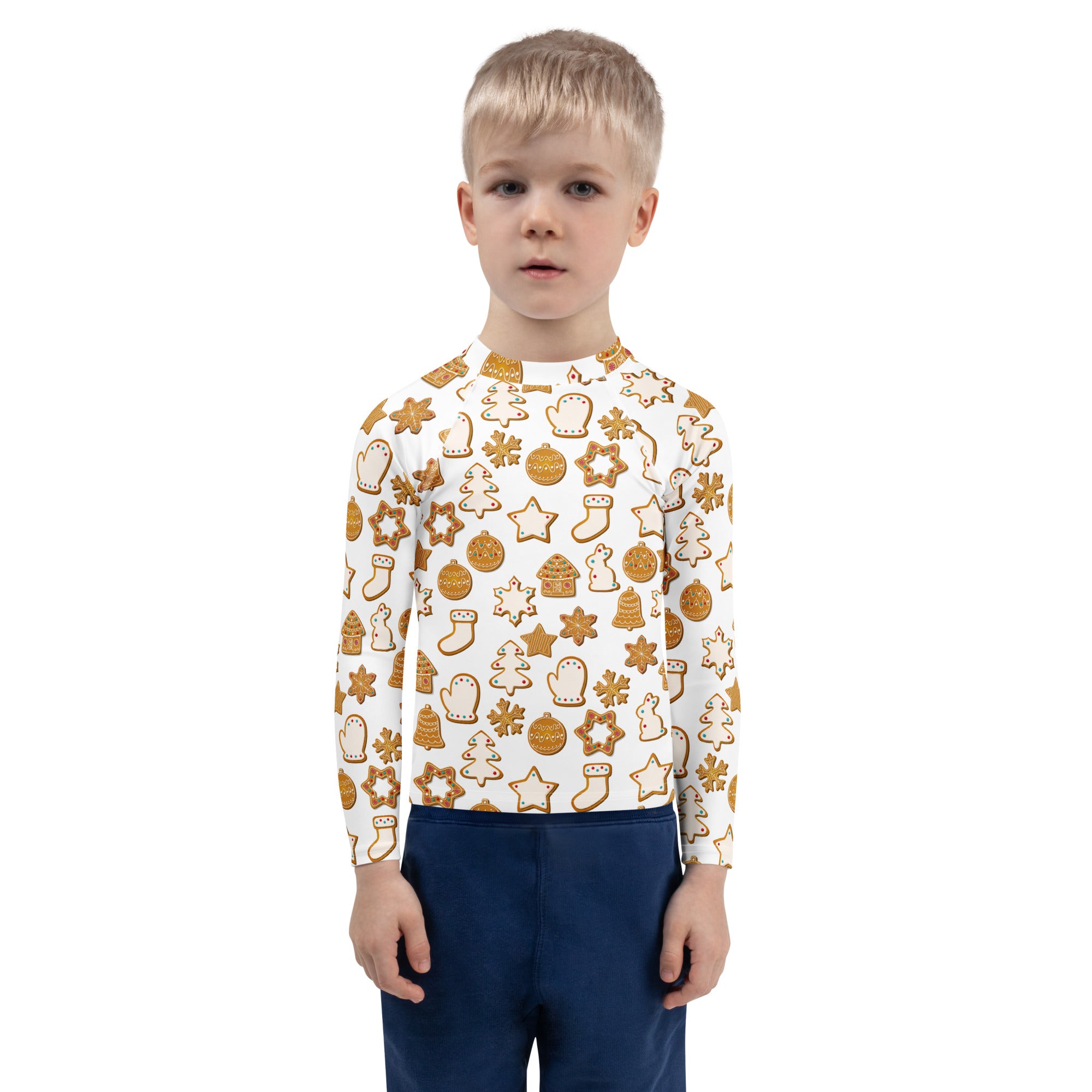 Kids christmas gingerbread cookie long sleeve rash guard swim shirt in white with festive golden brown pattern and upf 50+ protection