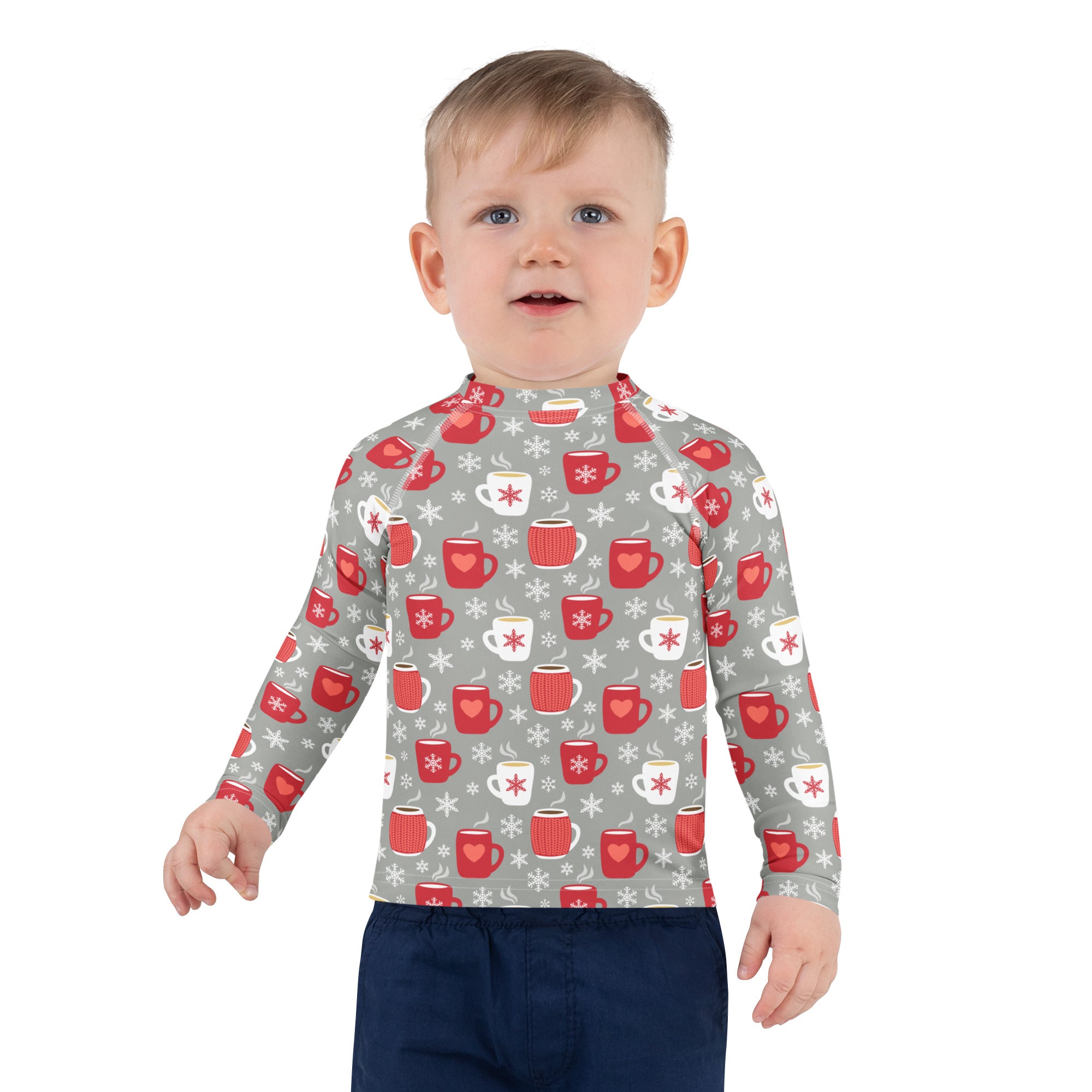 Gray long-sleeved rash guard with red and white mug pattern featuring hearts and snowflakes upf 50 plus for kids