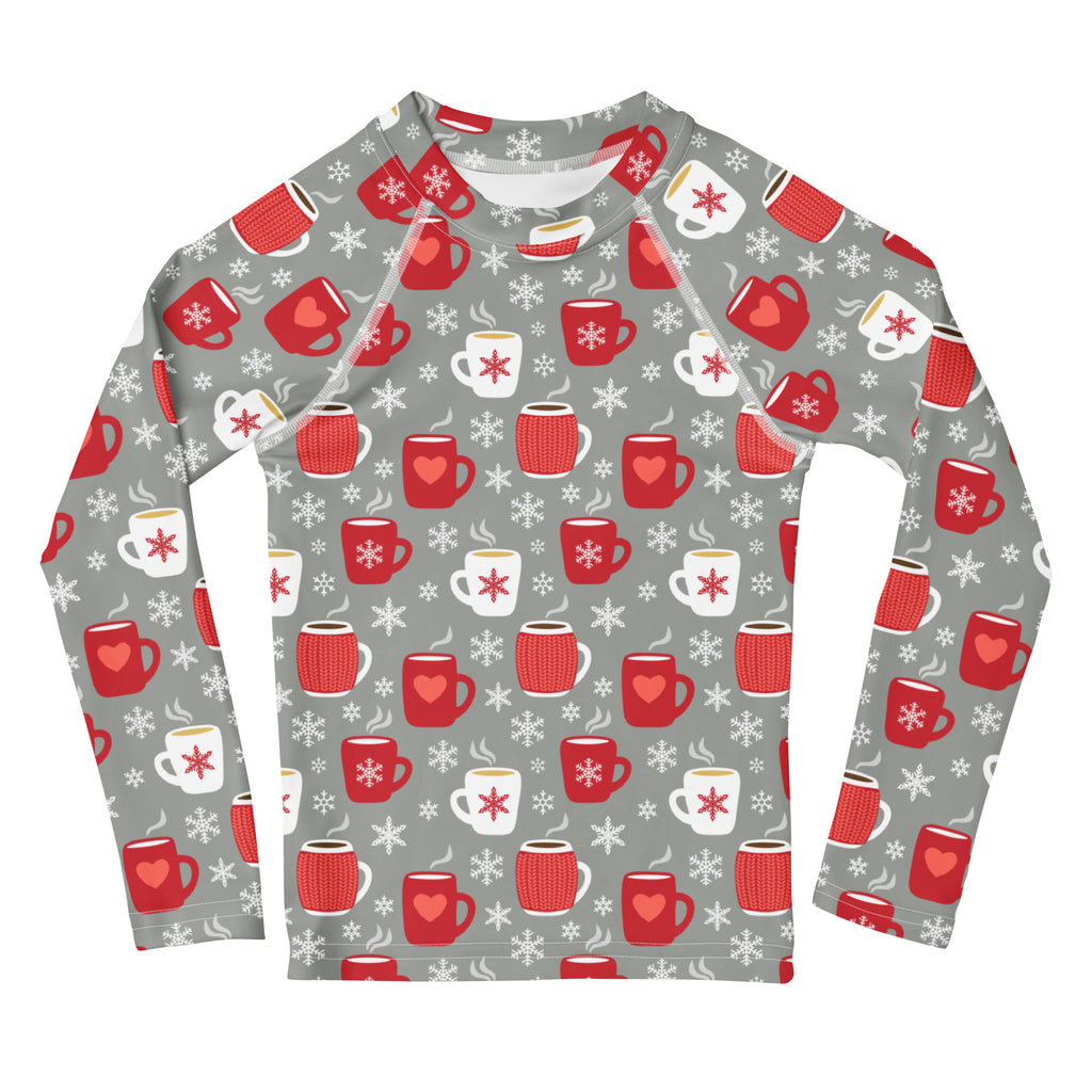 Gray long sleeve kids rash guard with festive red and white coffee mug pattern and upf 50 plus sun protection