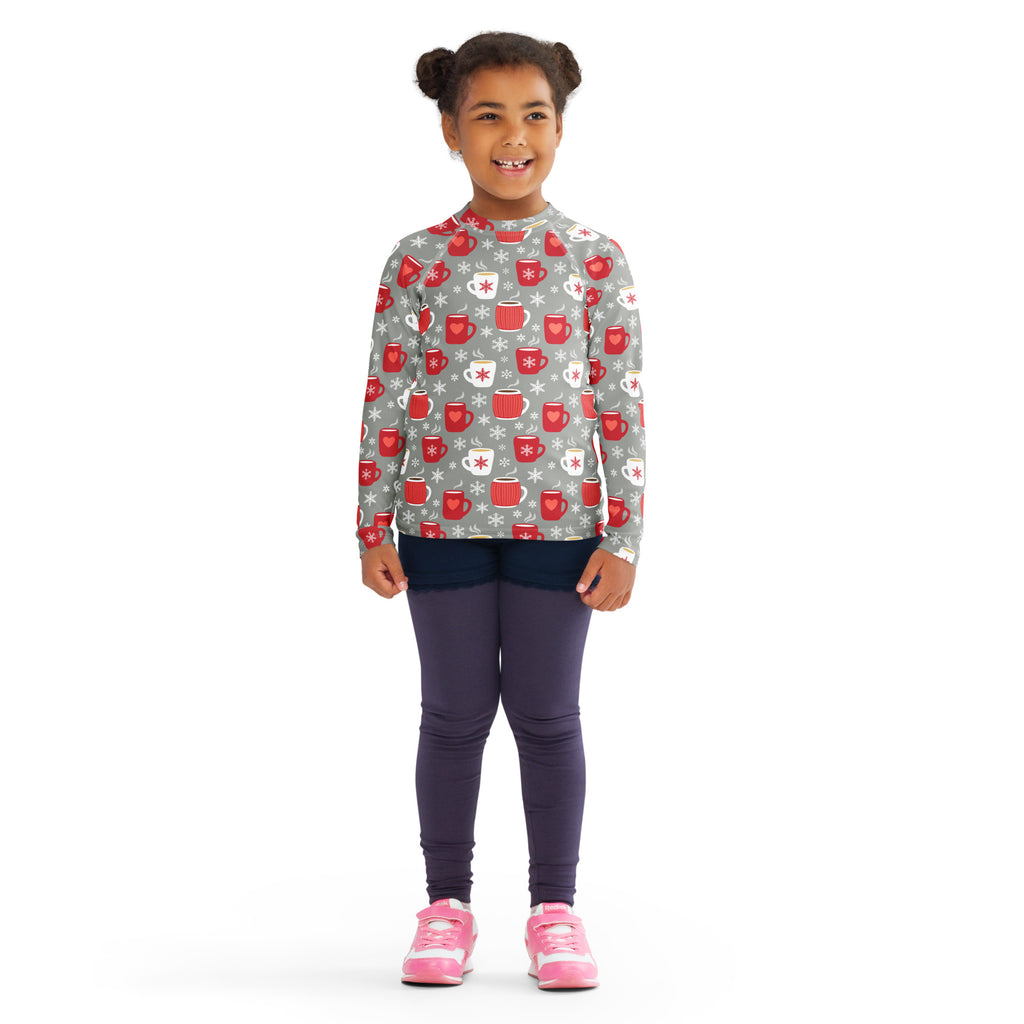 Gray kids long sleeve rash guard swim shirt with red coffee mugs white snowflakes and upf 50 plus for christmas