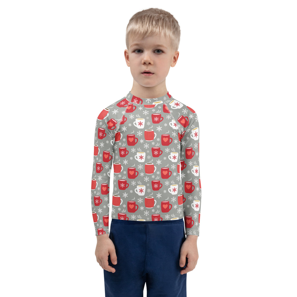 Gray kids hot cocoa christmas long sleeve rash guard swim shirt with red and white mug pattern and upf 50+ protection