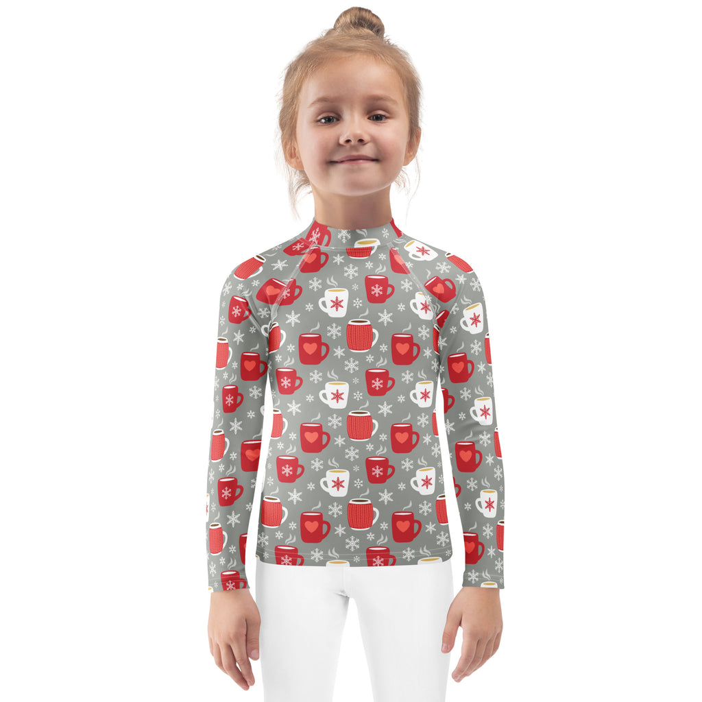 Gray kids long sleeve rash guard swim shirt with festive red and white mugs pattern and upf 50 plus sun protection