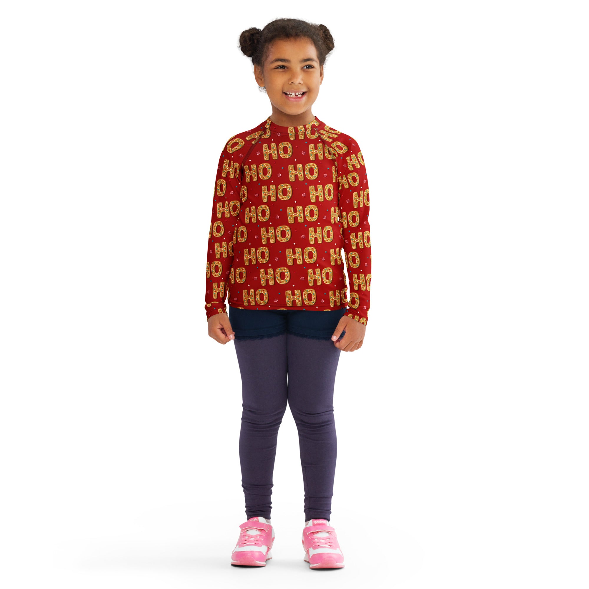 Kids ho ho ho gingerbread christmas long sleeve rash guard swim shirt red with gold lettering and decorative dots