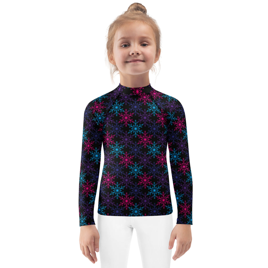 Kids neon snowflakes christmas black long sleeve rash guard swim shirt with pink blue snowflake pattern and upf 50+