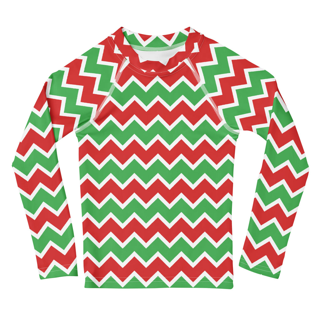 Kids christmas chevron long sleeve rash guard swim shirt with upf 50 plus featuring a red green and white zigzag pattern