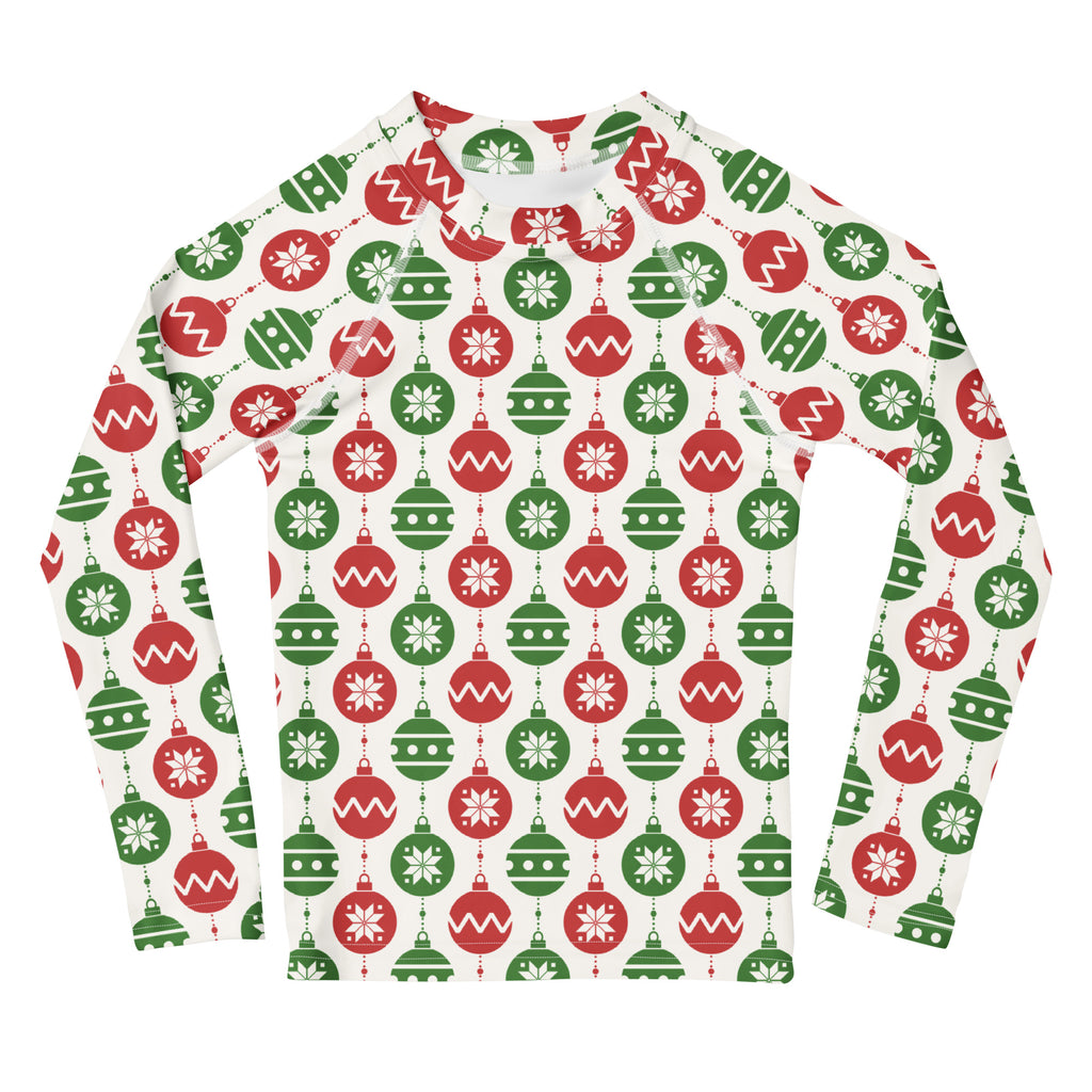 Kids red and green christmas ornament long sleeve rash guard with upf 50 plus featuring festive snowflake pattern on cream