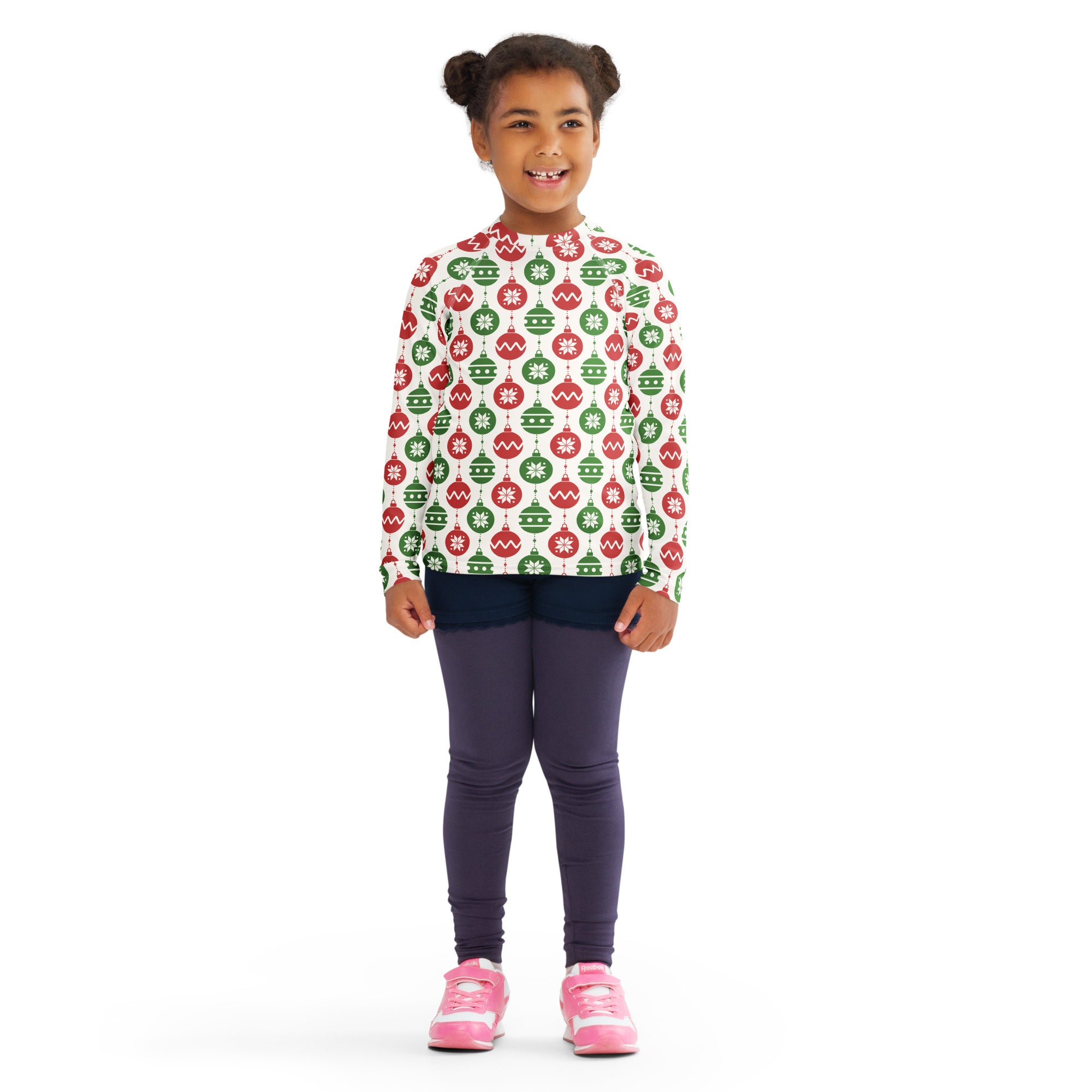 Kids red and green christmas ornament long sleeve rash guard swim shirt with upf 50 plus and festive ornament pattern