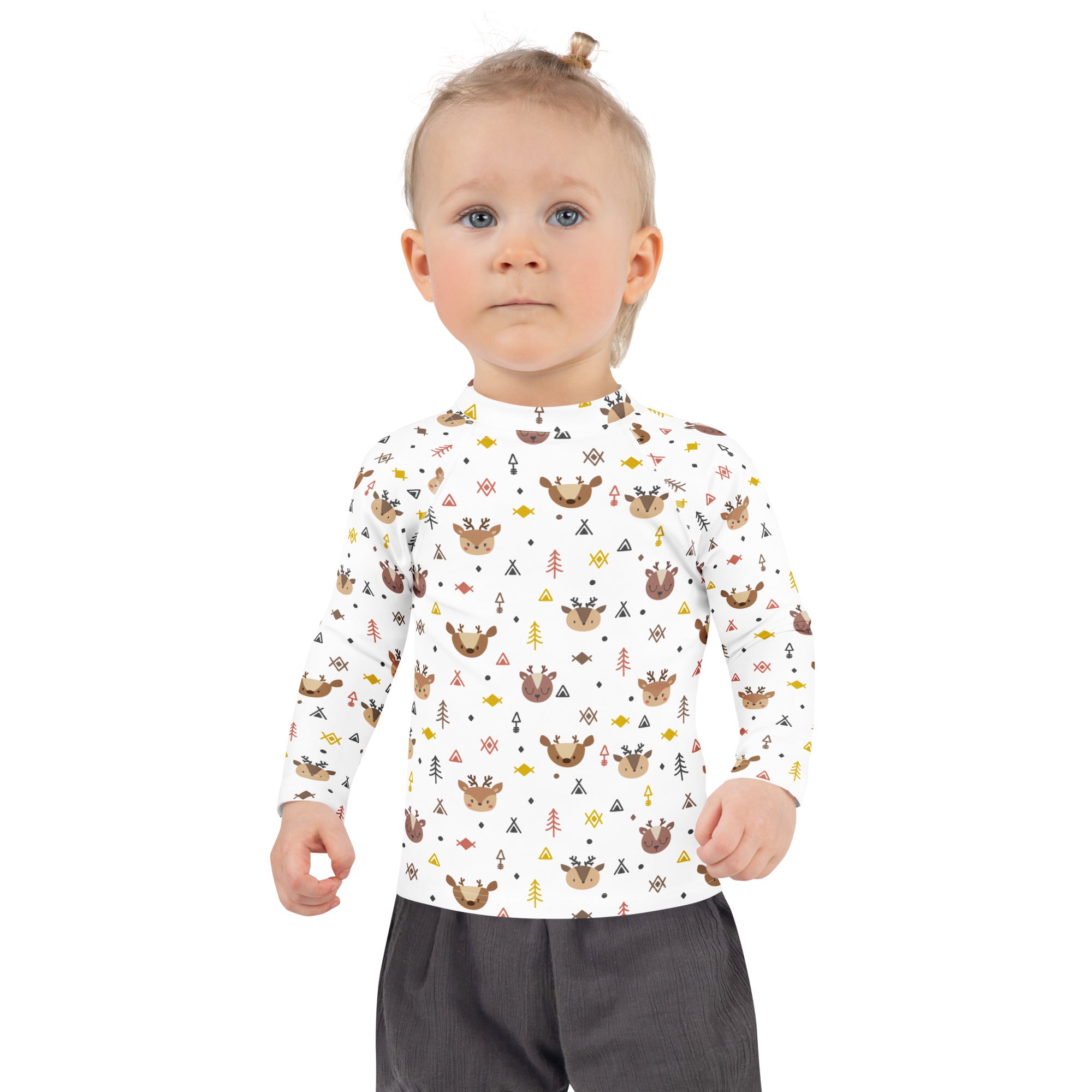 Kids reindeer forest christmas long sleeve rash guard swim shirt in white with playful brown deer and colorful geometric patterns