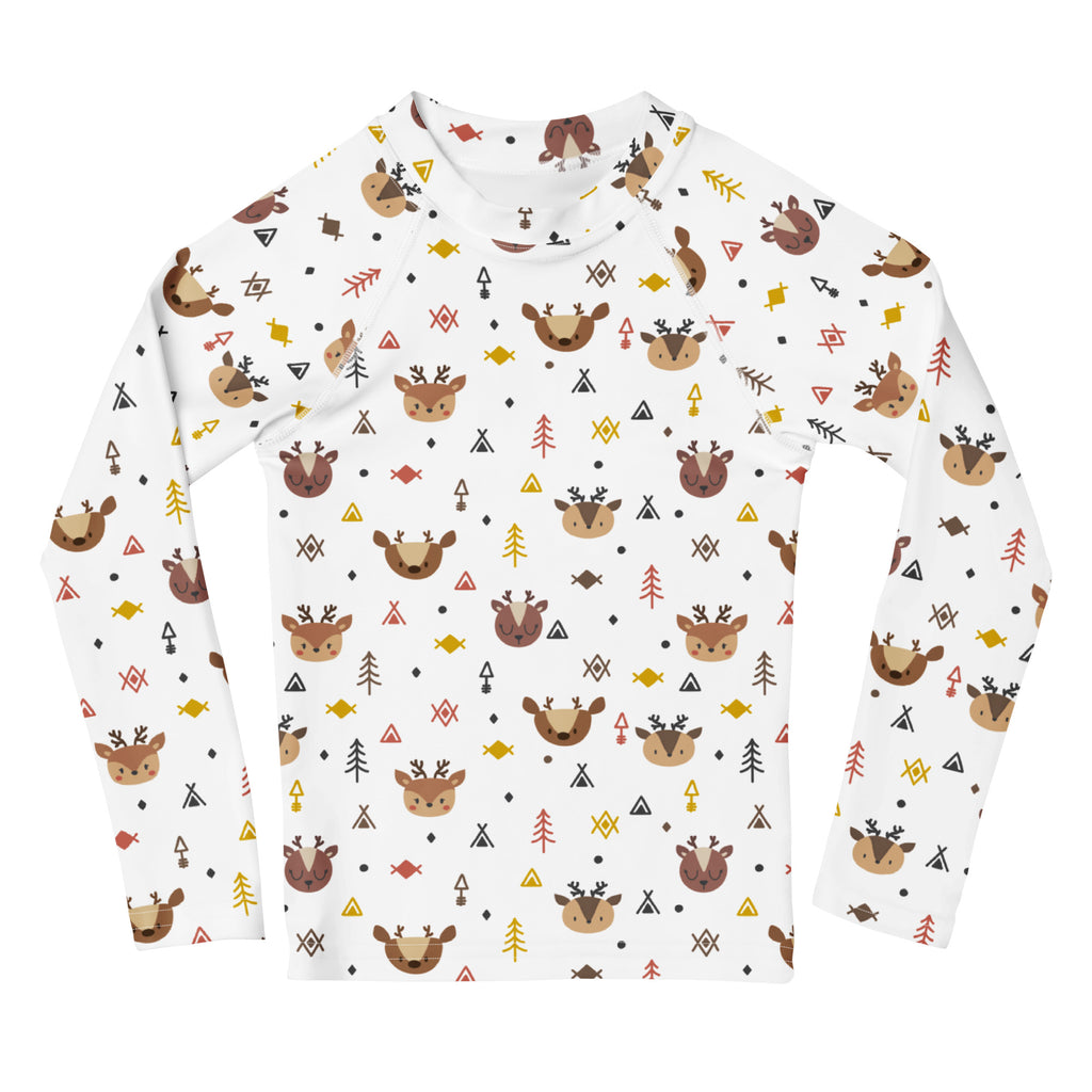 White kids long sleeve rash guard swim shirt with playful brown deer faces yellow fish and geometric shapes upf 50+