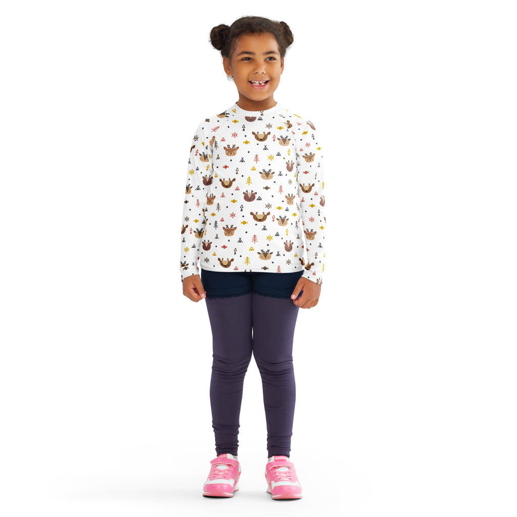 Kids reindeer forest Christmas long sleeve rash guard swim shirt in white with brown deer yellow trees and geometric shapes