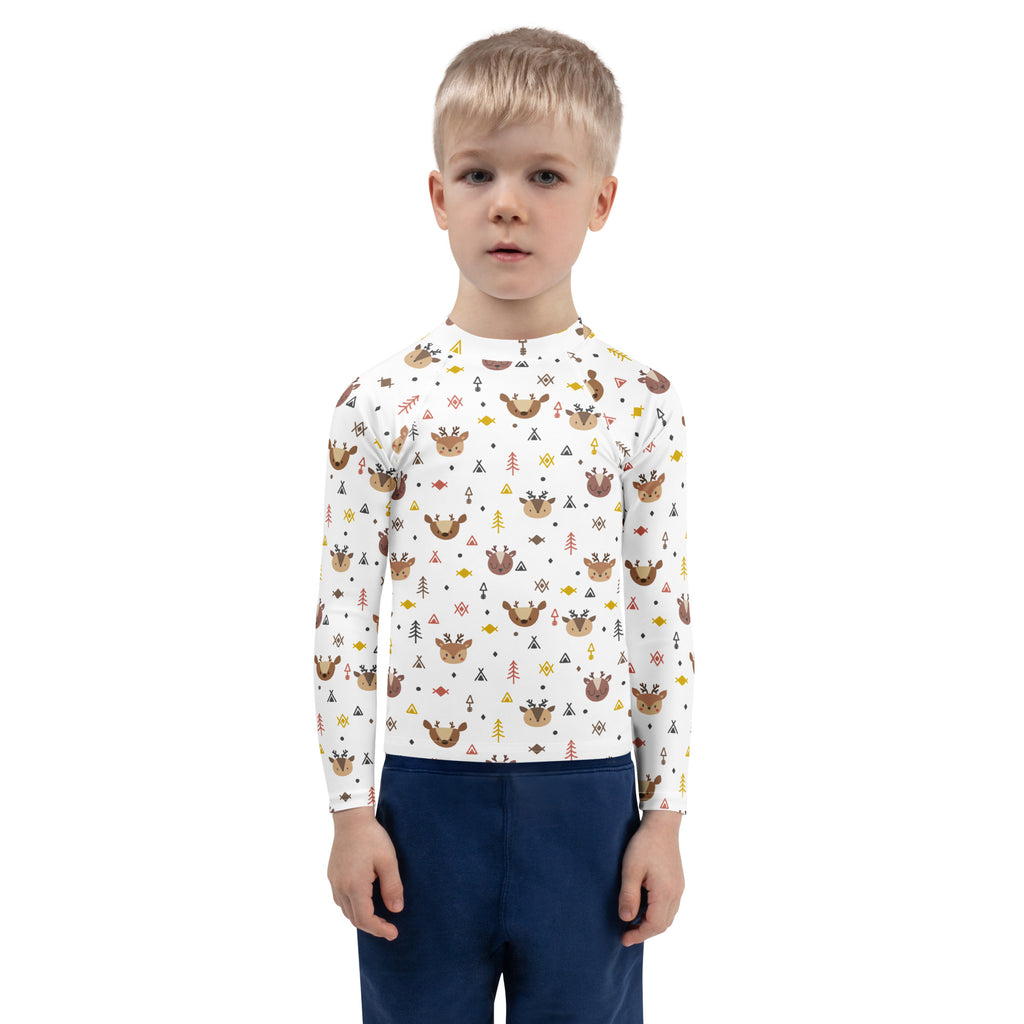 Kids reindeer forest long sleeve white rash guard swim shirt with playful brown deer pattern and upf 50 plus protection