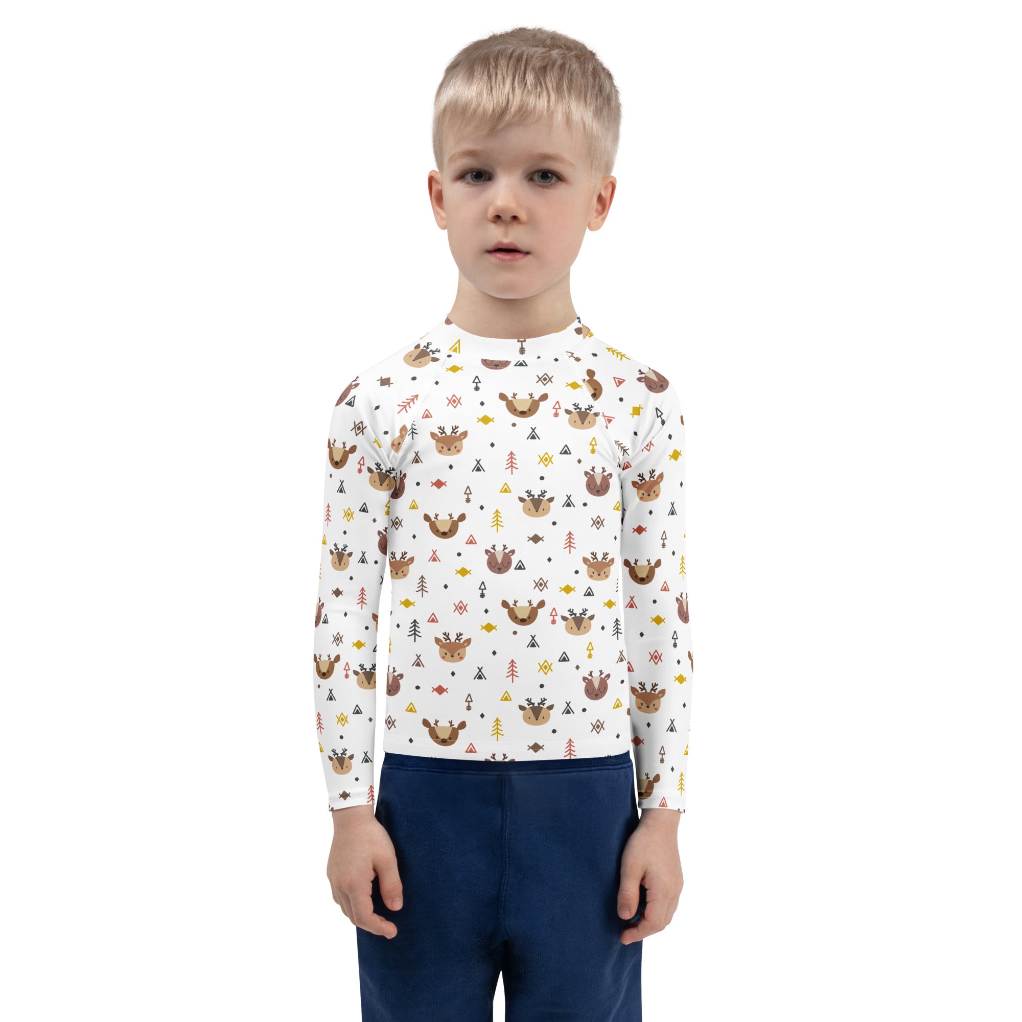 Kids reindeer forest long sleeve white rash guard swim shirt with playful brown deer pattern and upf 50 plus protection