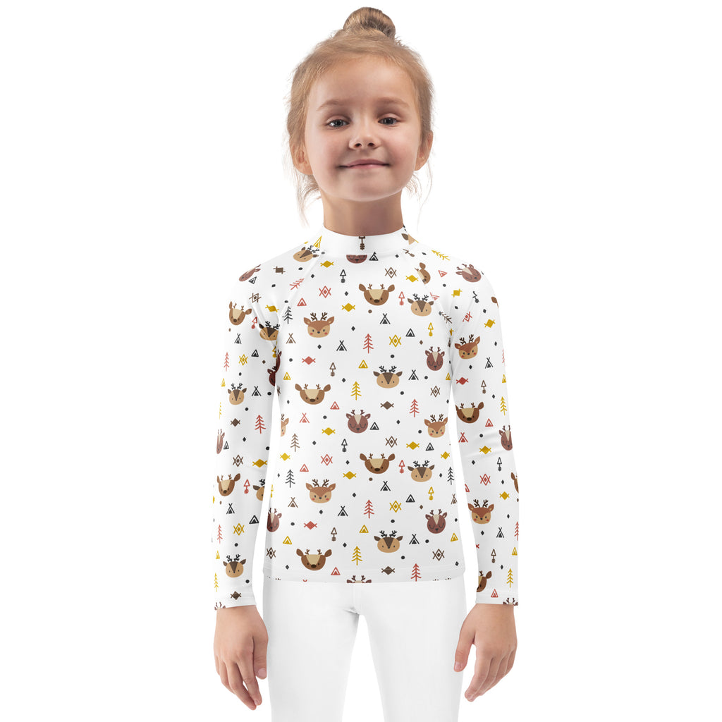 White kids reindeer forest christmas long sleeve rash guard swim shirt with upf 50 colorful playful pattern