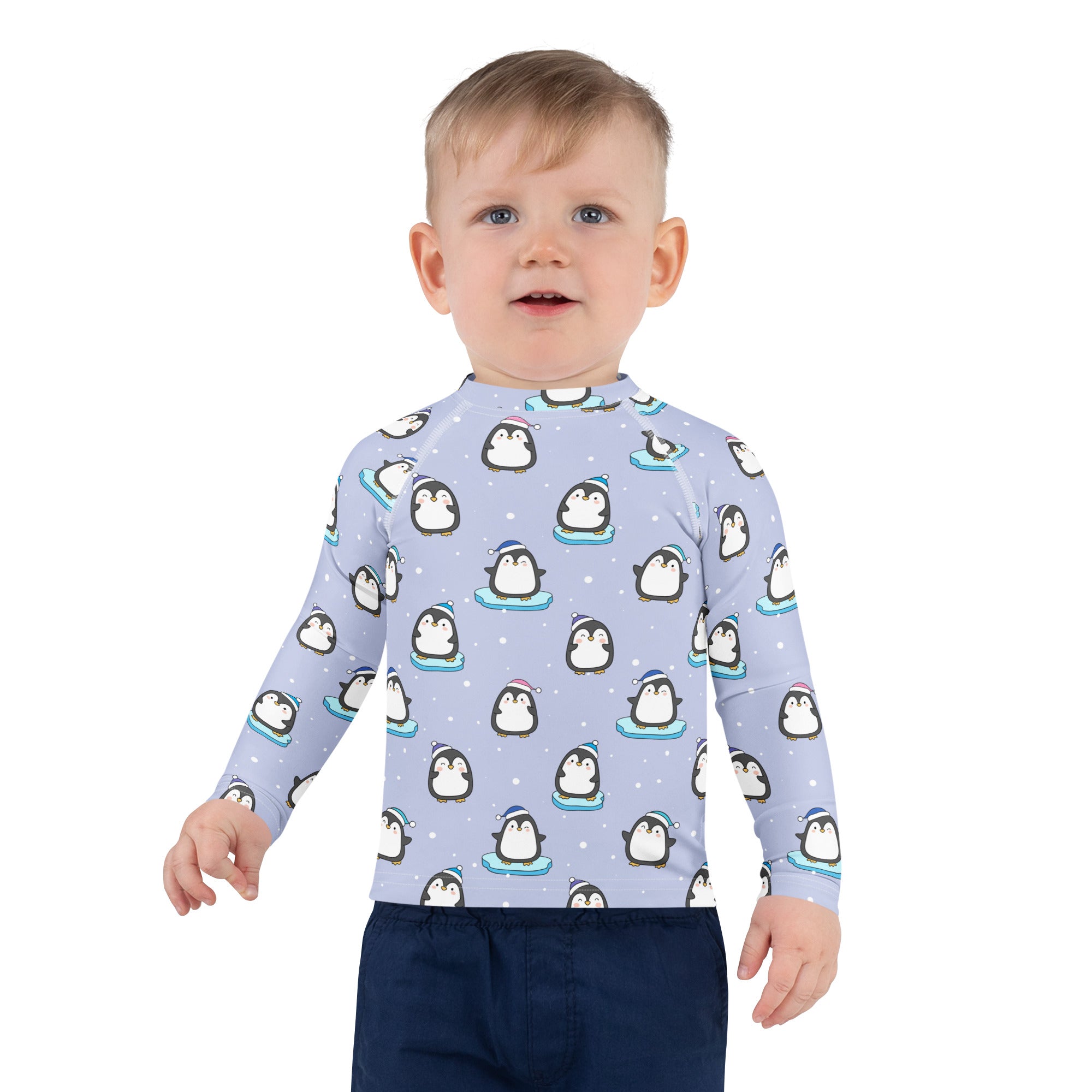 Kids Cute Penguin Christmas Long Sleeve Rash Guard Swim Shirt With UPF 50+