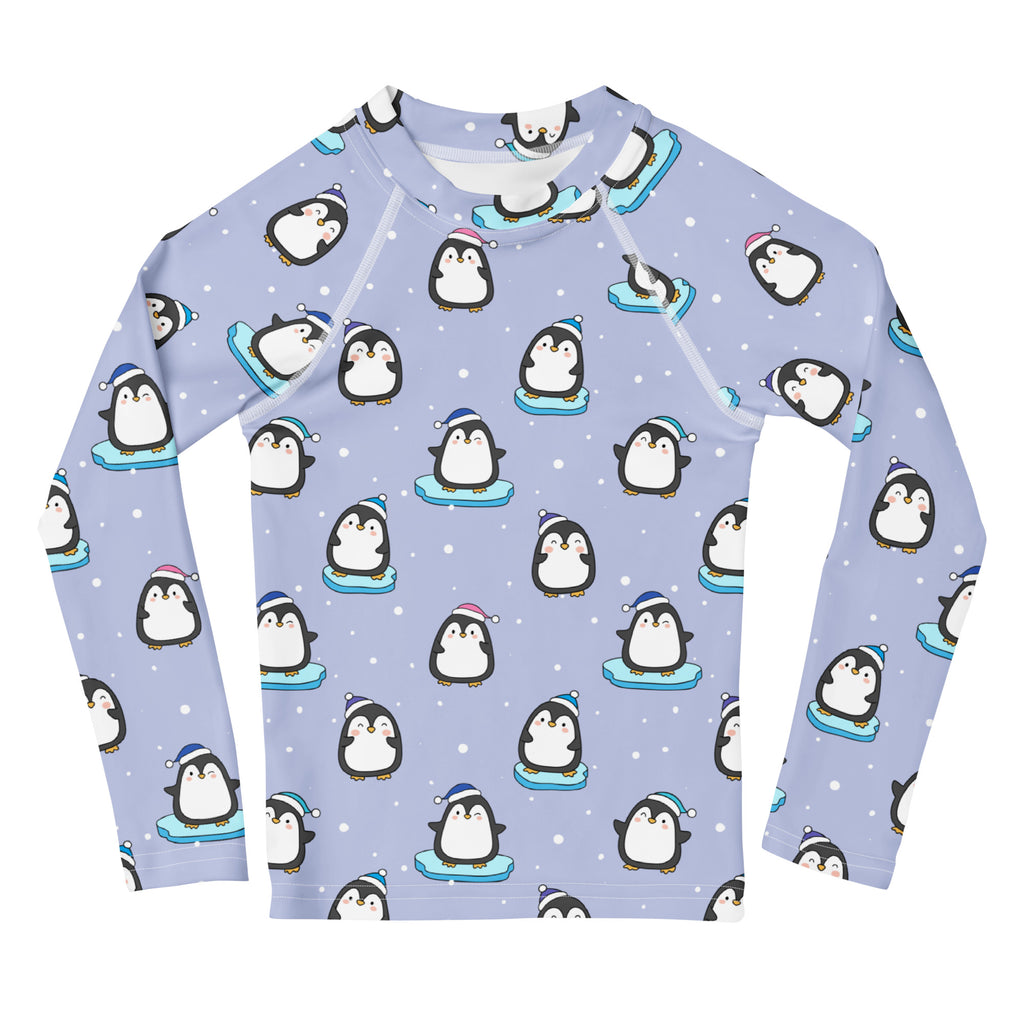 Kids Cute Penguin Christmas Long Sleeve Rash Guard Swim Shirt With UPF 50+