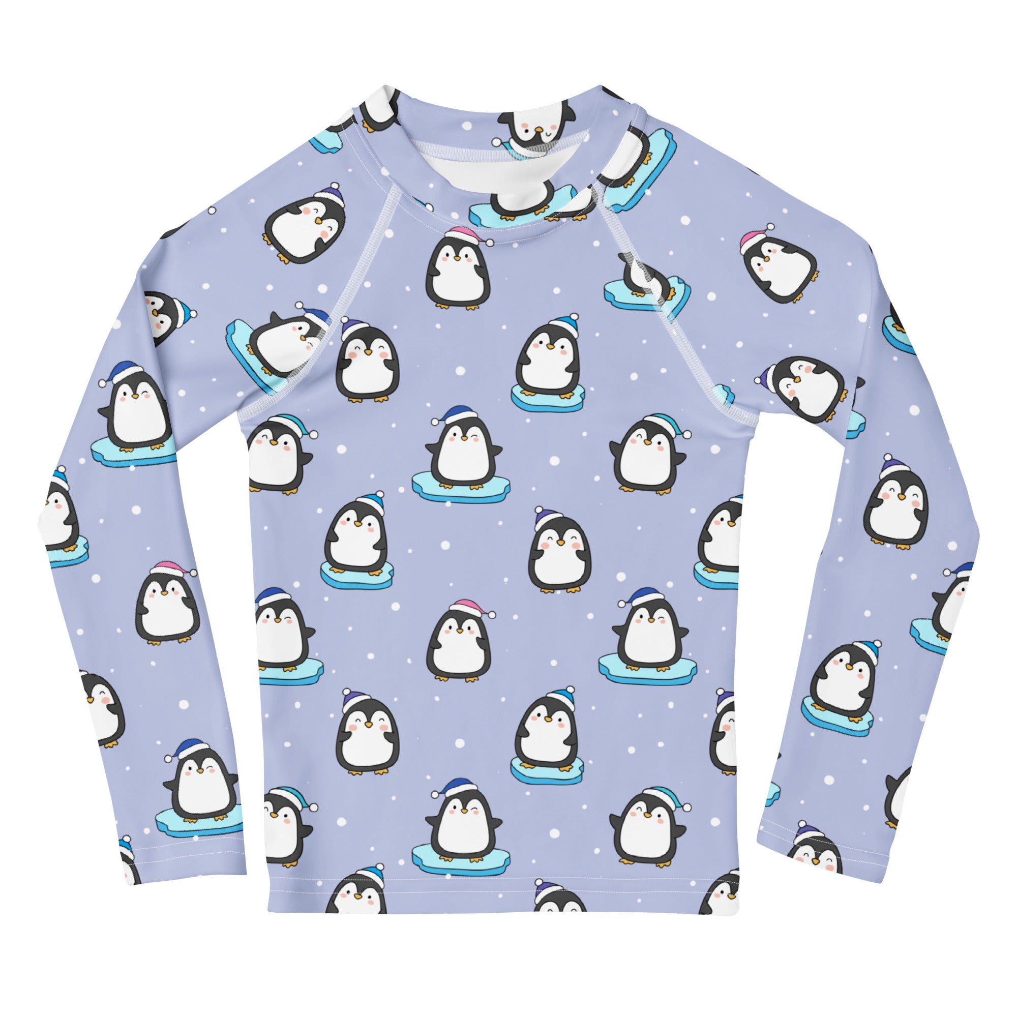 Kids Cute Penguin Christmas Long Sleeve Rash Guard Swim Shirt With UPF 50+