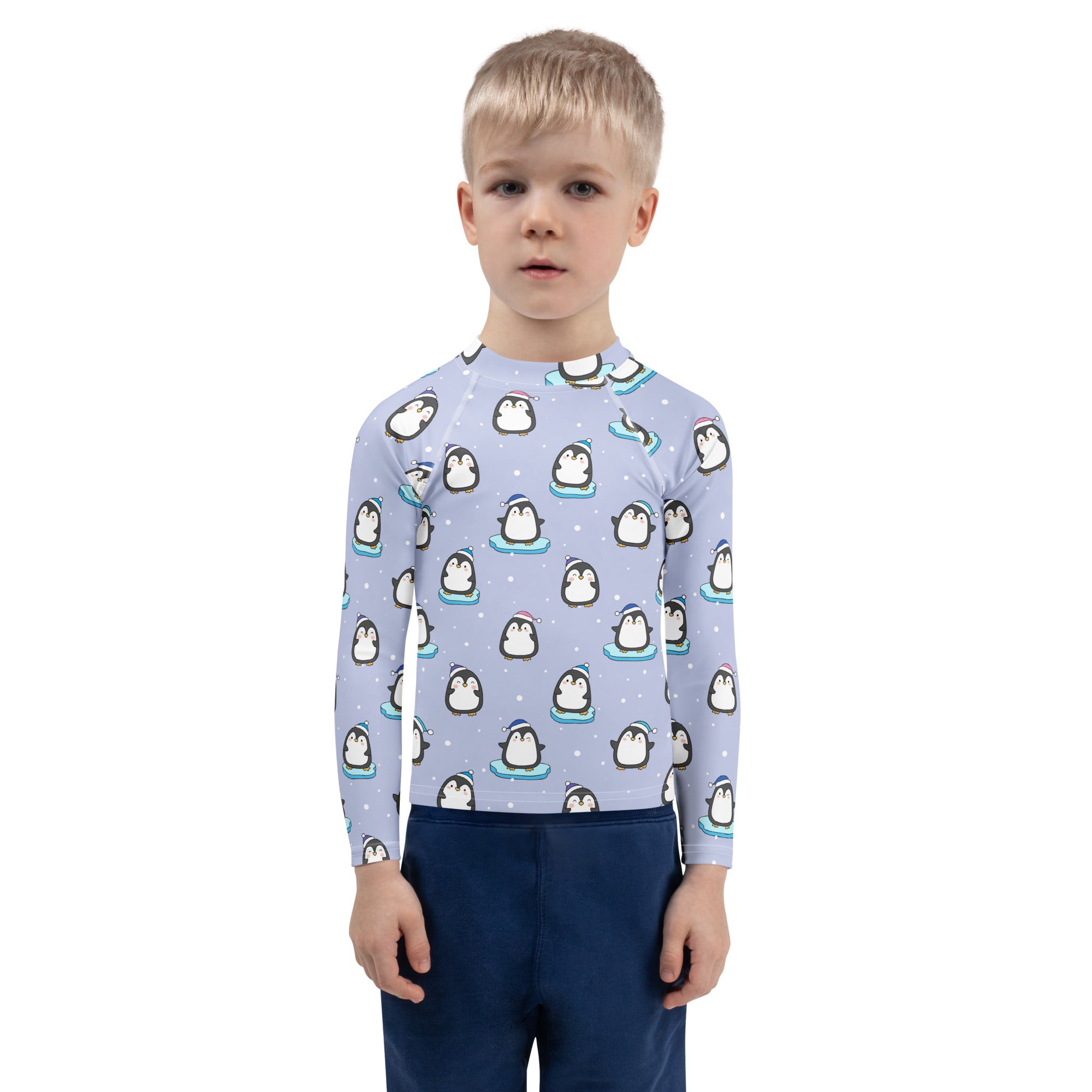 Kids Cute Penguin Christmas Long Sleeve Rash Guard Swim Shirt With UPF 50+