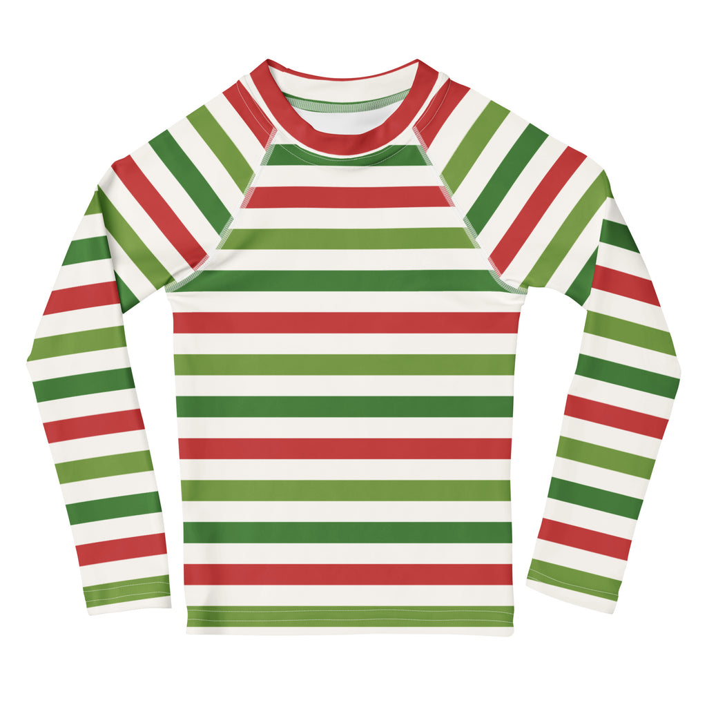 Kids red and green christmas stripes long sleeve rash guard swim shirt with upf 50 plus and bold horizontal stripes