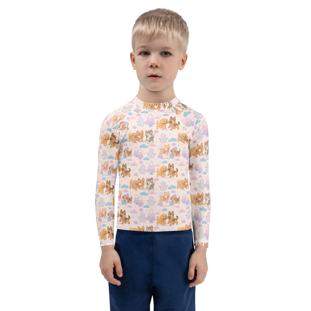 Kids winter dogs stripes long sleeve rash guard swim shirt with upf 50 plus featuring cartoon dogs and clouds on pastel fabric