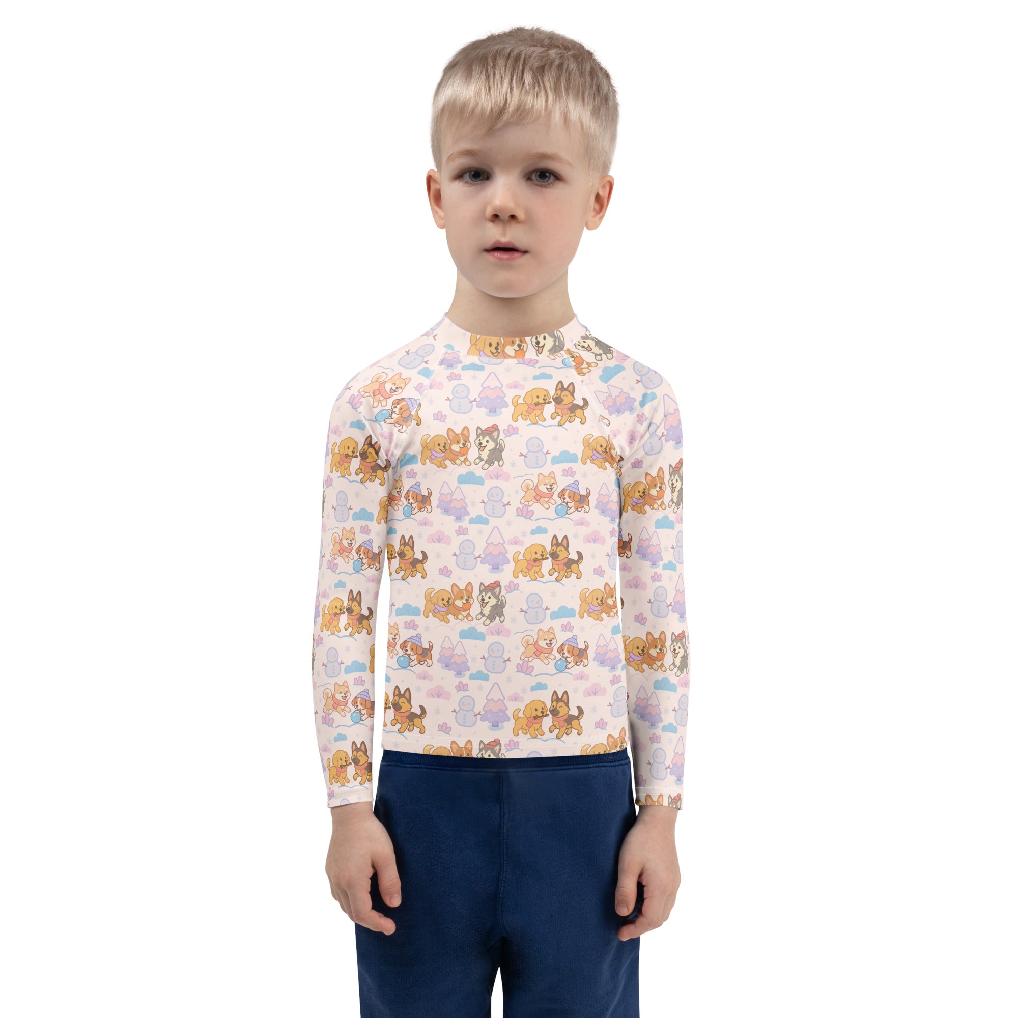 Kids winter dogs stripes long sleeve rash guard swim shirt with upf 50 plus featuring cartoon dogs and clouds on pastel fabric