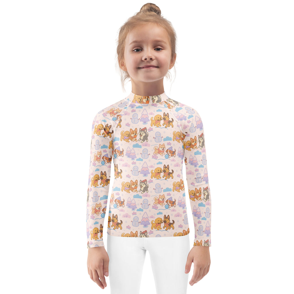 A pink kids winter dogs stripes long sleeve rash guard swim shirt with upf 50 and cartoon dog snowman pattern