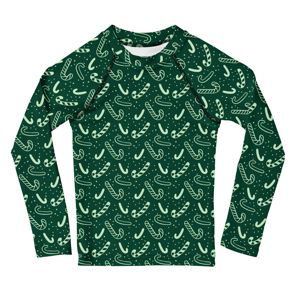Kids green long sleeve rash guard with light mint candy cane pattern and tiny dots offers UPF 50 plus sun protection