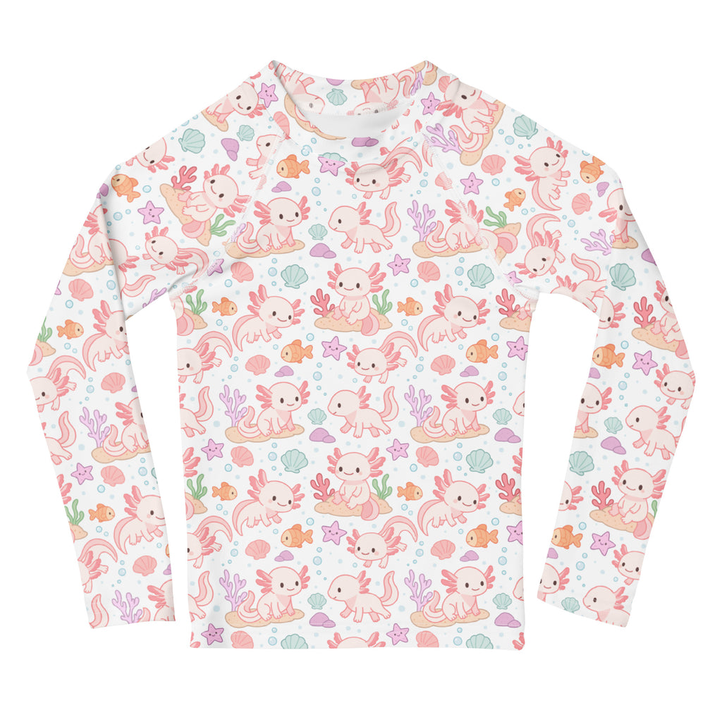 Girls axolotl long sleeve rash guard swim shirt with UPF 50 plus featuring pink axolotls and orange sea creatures on white