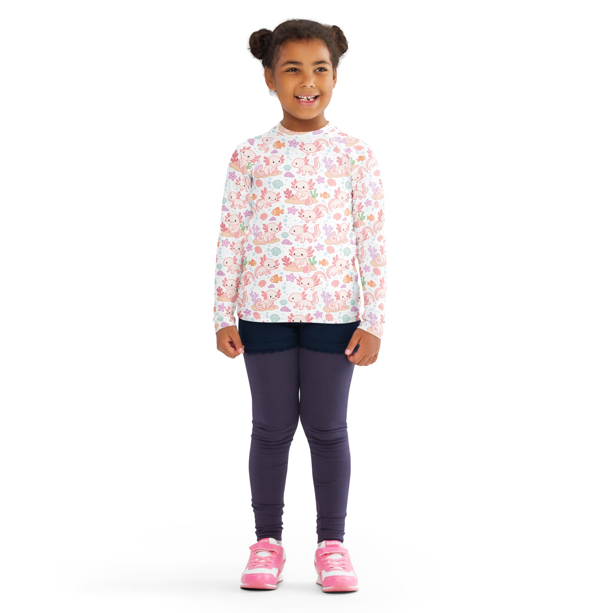 Girls white long sleeve rash guard swim shirt with upf 50+ featuring pink and pastel axolotls seaweed and coral pattern