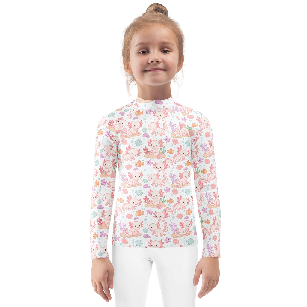 Girls white long sleeve rash guard swim shirt with pink axolotl seashell and coral pattern and UPF 50+ protection
