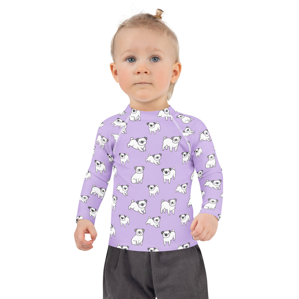 Girls Purple Pug Long Sleeve Rash Guard Swim Shirt – Buttery Soft, Sun Safe UPF 50+ Protection, Quick Dry & 4-Way Stretch Comfort