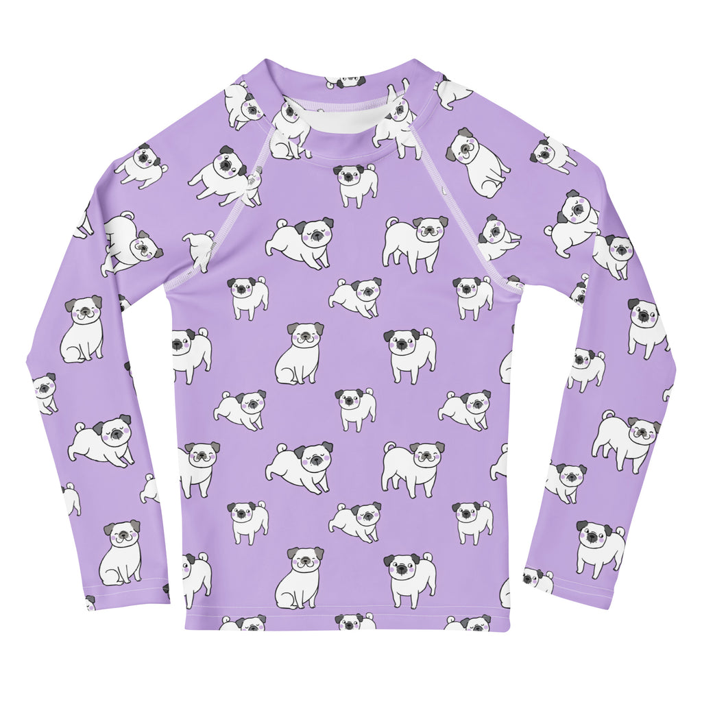Girls Purple Pug Long Sleeve Rash Guard Swim Shirt – Buttery Soft, Sun Safe UPF 50+ Protection, Quick Dry & 4-Way Stretch Comfort