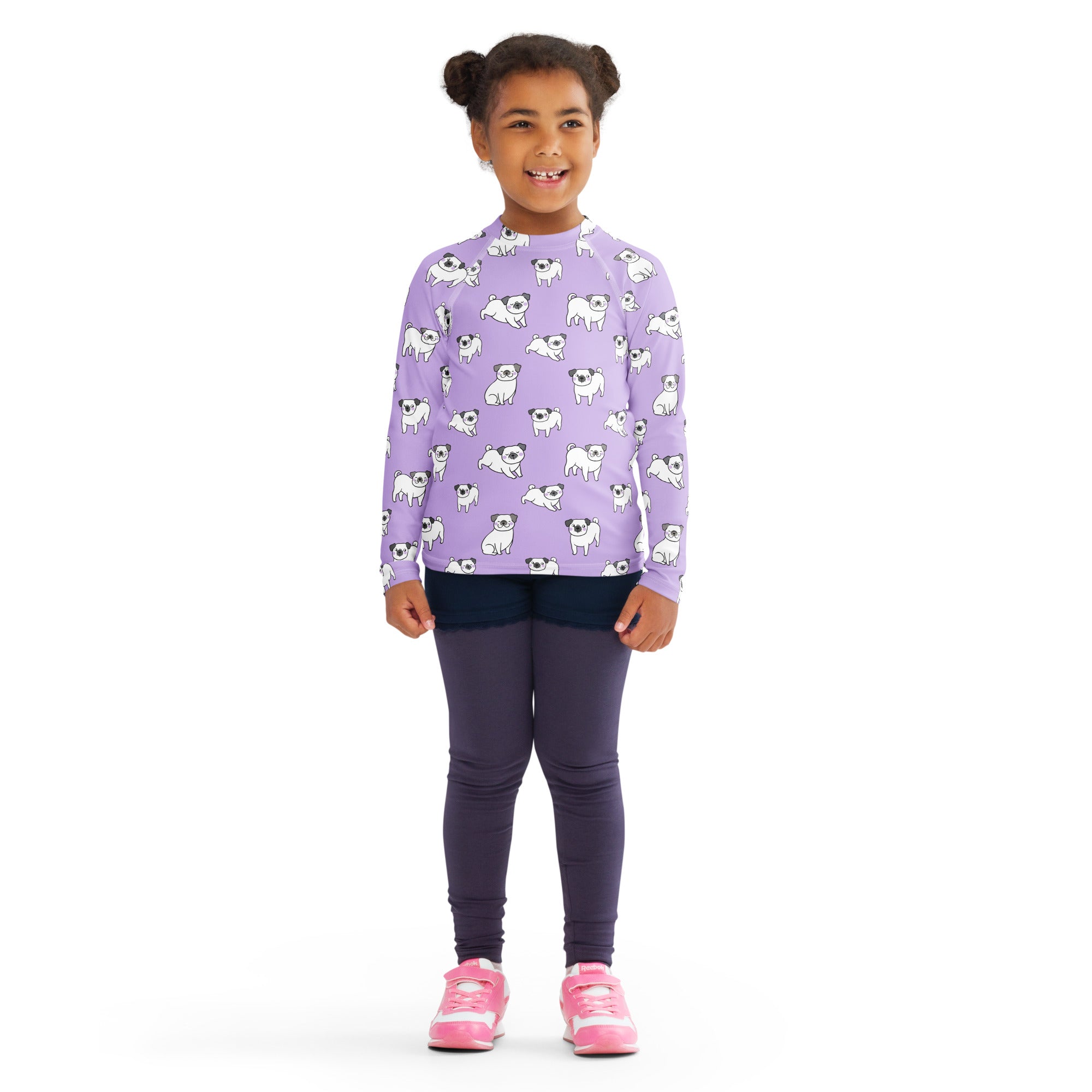 Girls Purple Pug Long Sleeve Rash Guard Swim Shirt – Buttery Soft, Sun Safe UPF 50+ Protection, Quick Dry & 4-Way Stretch Comfort