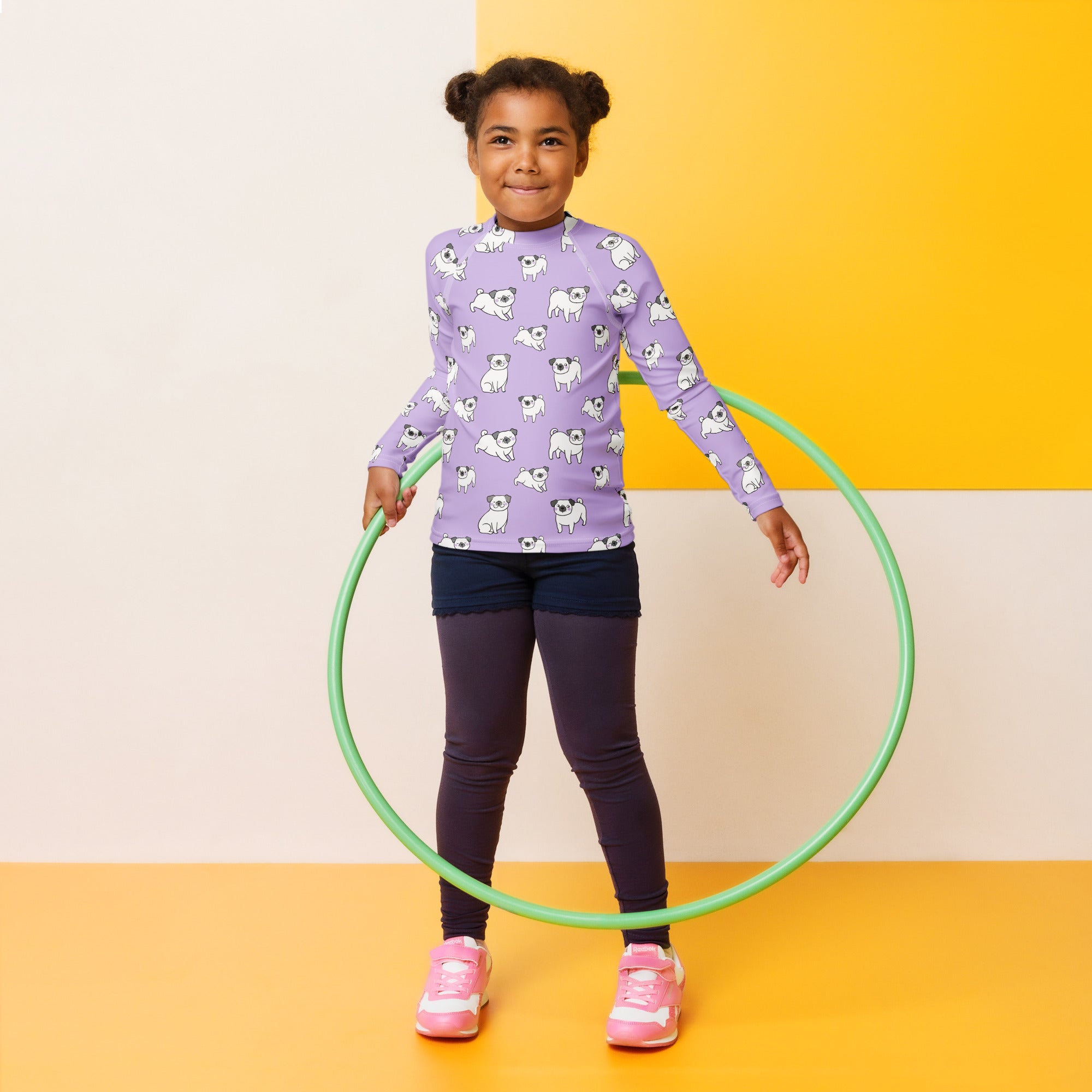 Girls Purple Pug Long Sleeve Rash Guard Swim Shirt – Buttery Soft, Sun Safe UPF 50+ Protection, Quick Dry & 4-Way Stretch Comfort