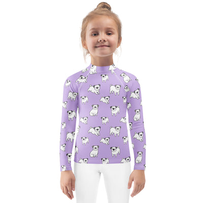 Girls Purple Pug Long Sleeve Rash Guard Swim Shirt – Buttery Soft, Sun Safe UPF 50+ Protection, Quick Dry & 4-Way Stretch Comfort