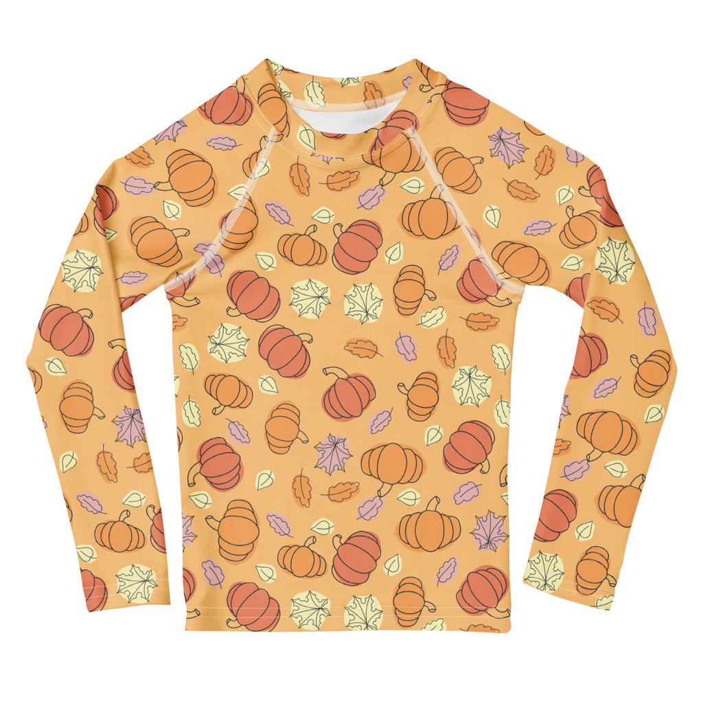 Kids Pumpkin Patch Long Sleeve Rash Guard Swim Shirt – Buttery Soft, Sun Safe UPF 50+ Protection, Quick Dry & 4-Way Stretch Comfort