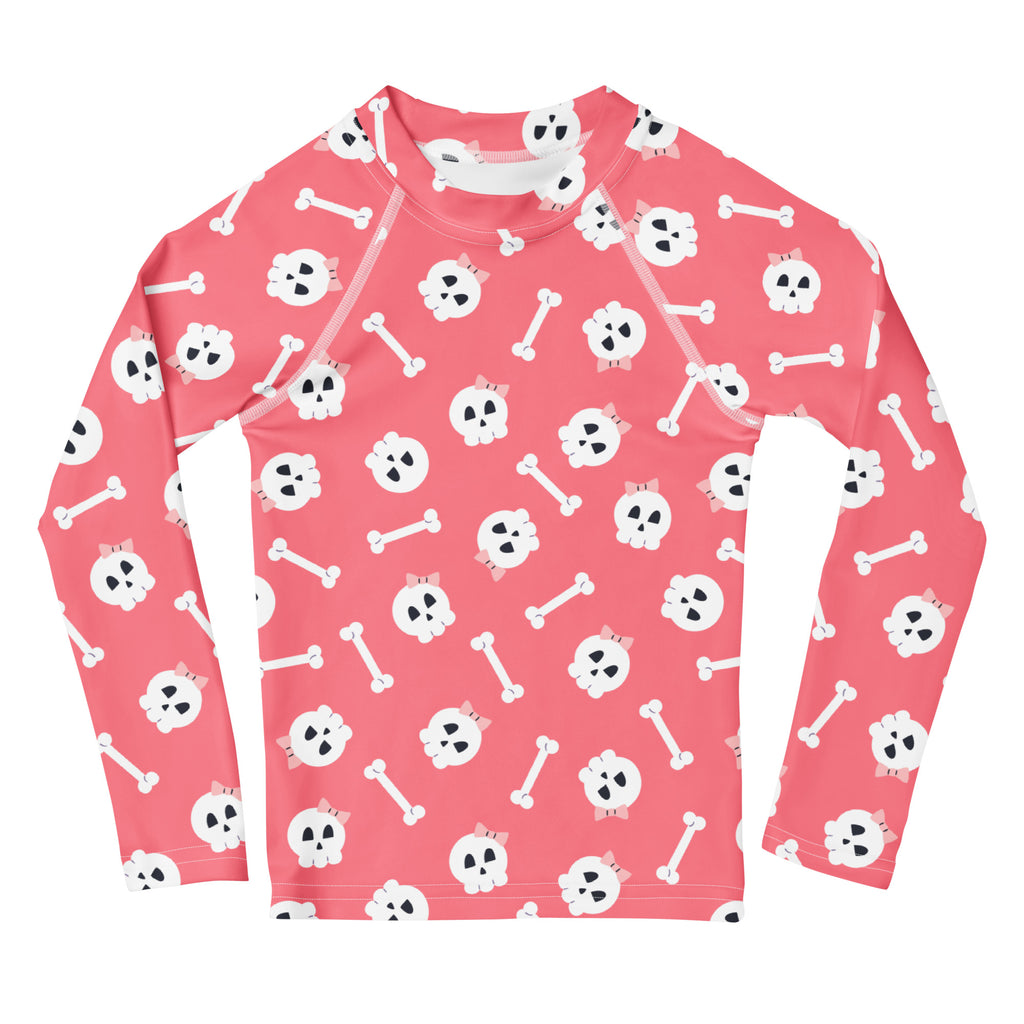 Girls Pink Skulls Halloween Long Sleeve Rash Guard Swim Shirt – Buttery Soft, Sun Safe UPF 50+ Protection, Quick Dry & 4-Way Stretch Comfort