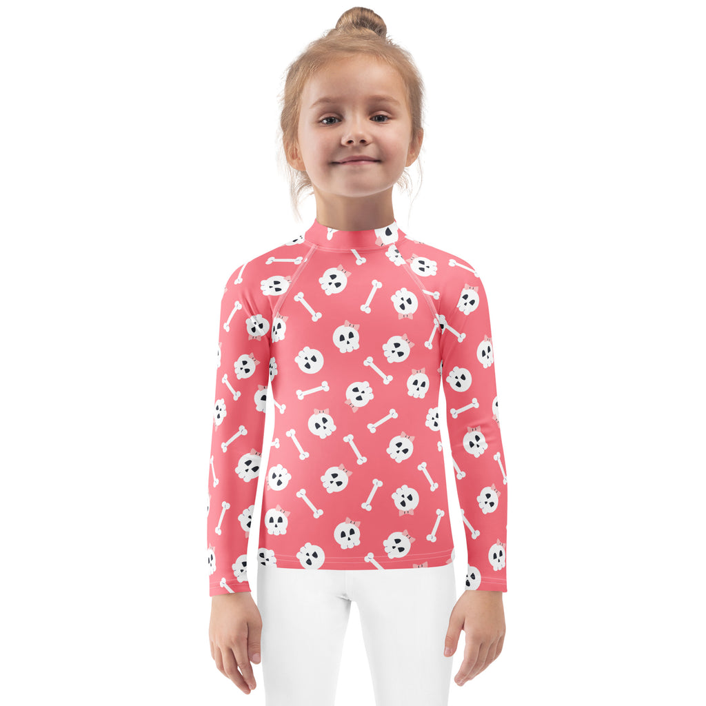 Girls Pink Skulls Halloween Long Sleeve Rash Guard Swim Shirt – Buttery Soft, Sun Safe UPF 50+ Protection, Quick Dry & 4-Way Stretch Comfort