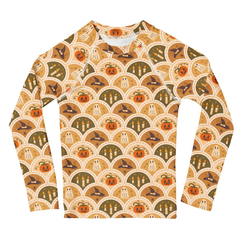 Kids Vintage Halloween Long Sleeve Rash Guard Swim Shirt – Buttery Soft, Sun Safe UPF 50+ Protection, Quick Dry & 4-Way Stretch Comfort
