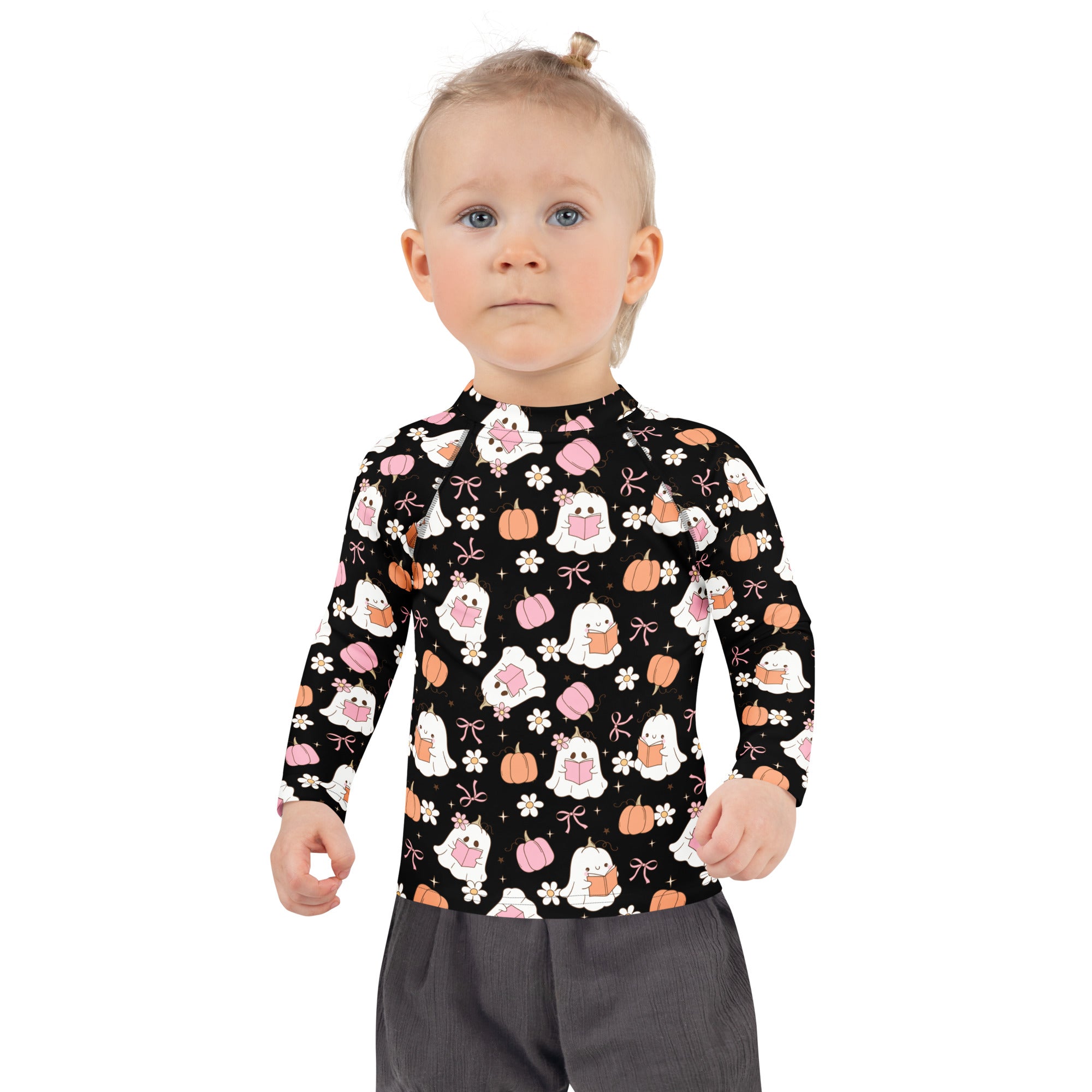 Girls Cute Floral Ghosts and Pumpkins Long Sleeve Rash Guard Swim Shirt – Buttery Soft, Sun Safe UPF 50+ Protection, Quick Dry & 4-Way Stretch Comfort