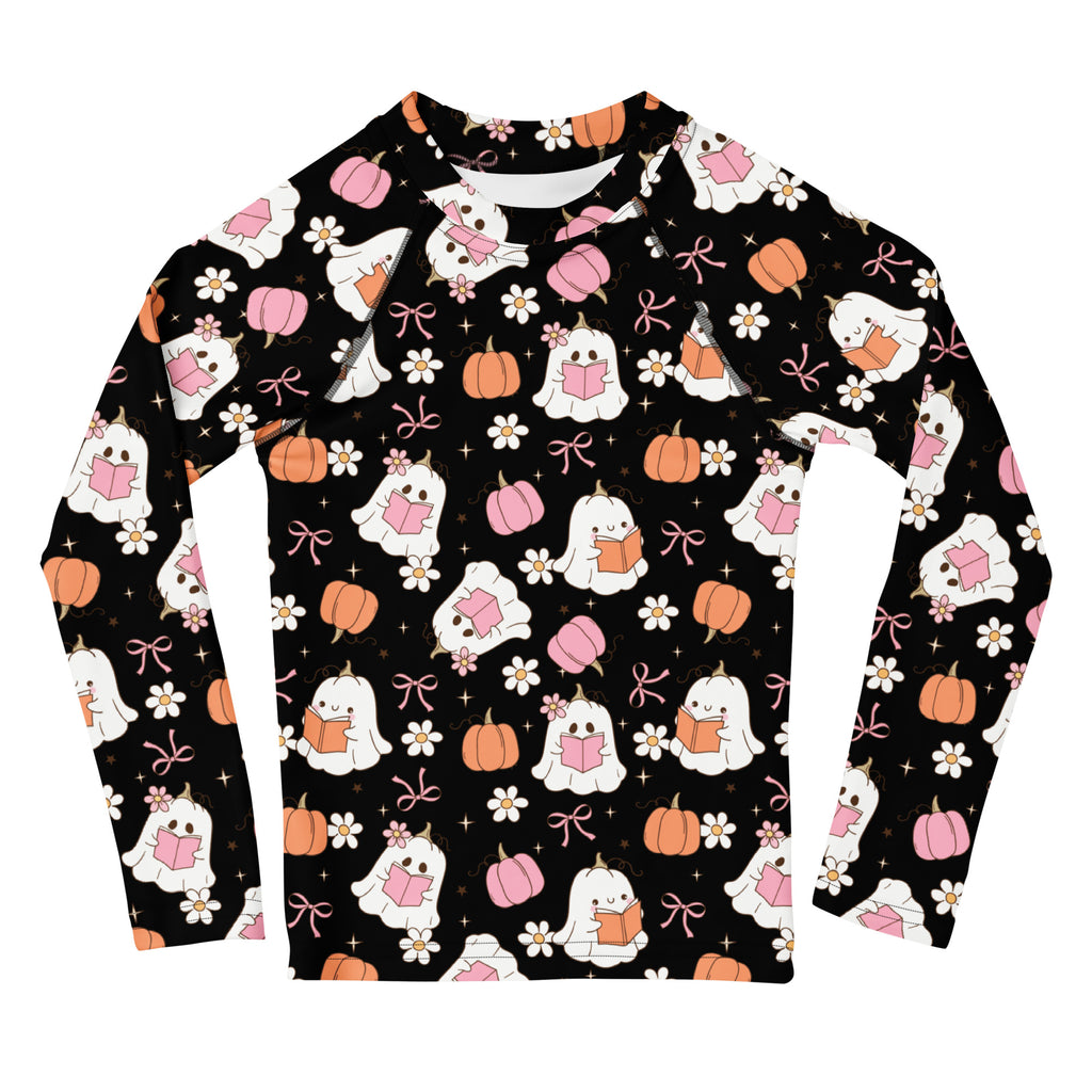 Girls Cute Floral Ghosts and Pumpkins Long Sleeve Rash Guard Swim Shirt – Buttery Soft, Sun Safe UPF 50+ Protection, Quick Dry & 4-Way Stretch Comfort