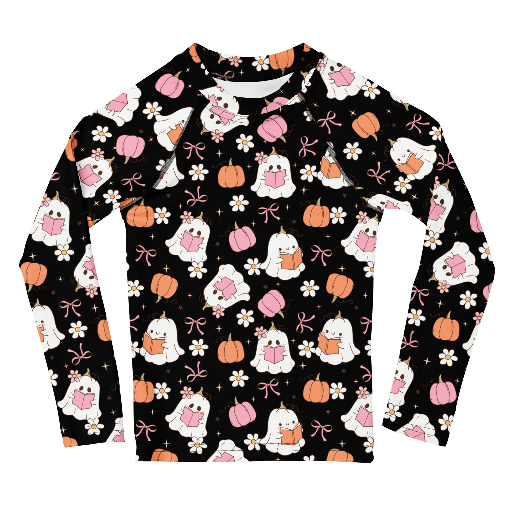 Girls Cute Floral Ghosts and Pumpkins Long Sleeve Rash Guard Swim Shirt – Buttery Soft, Sun Safe UPF 50+ Protection, Quick Dry & 4-Way Stretch Comfort