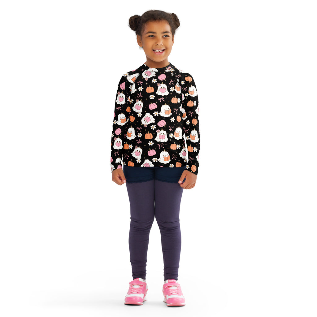 Girls Cute Floral Ghosts and Pumpkins Long Sleeve Rash Guard Swim Shirt – Buttery Soft, Sun Safe UPF 50+ Protection, Quick Dry & 4-Way Stretch Comfort