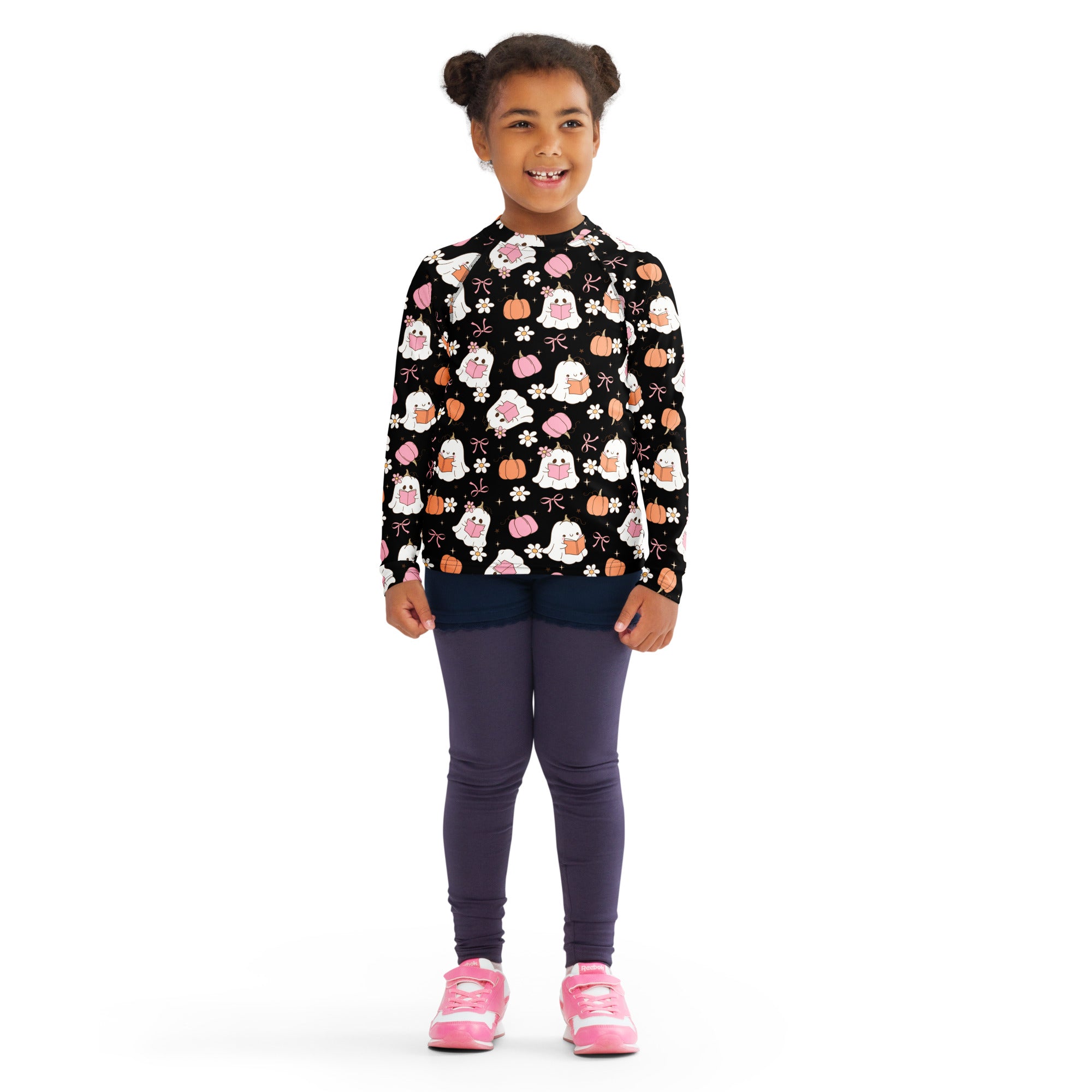 Girls Cute Floral Ghosts and Pumpkins Long Sleeve Rash Guard Swim Shirt – Buttery Soft, Sun Safe UPF 50+ Protection, Quick Dry & 4-Way Stretch Comfort