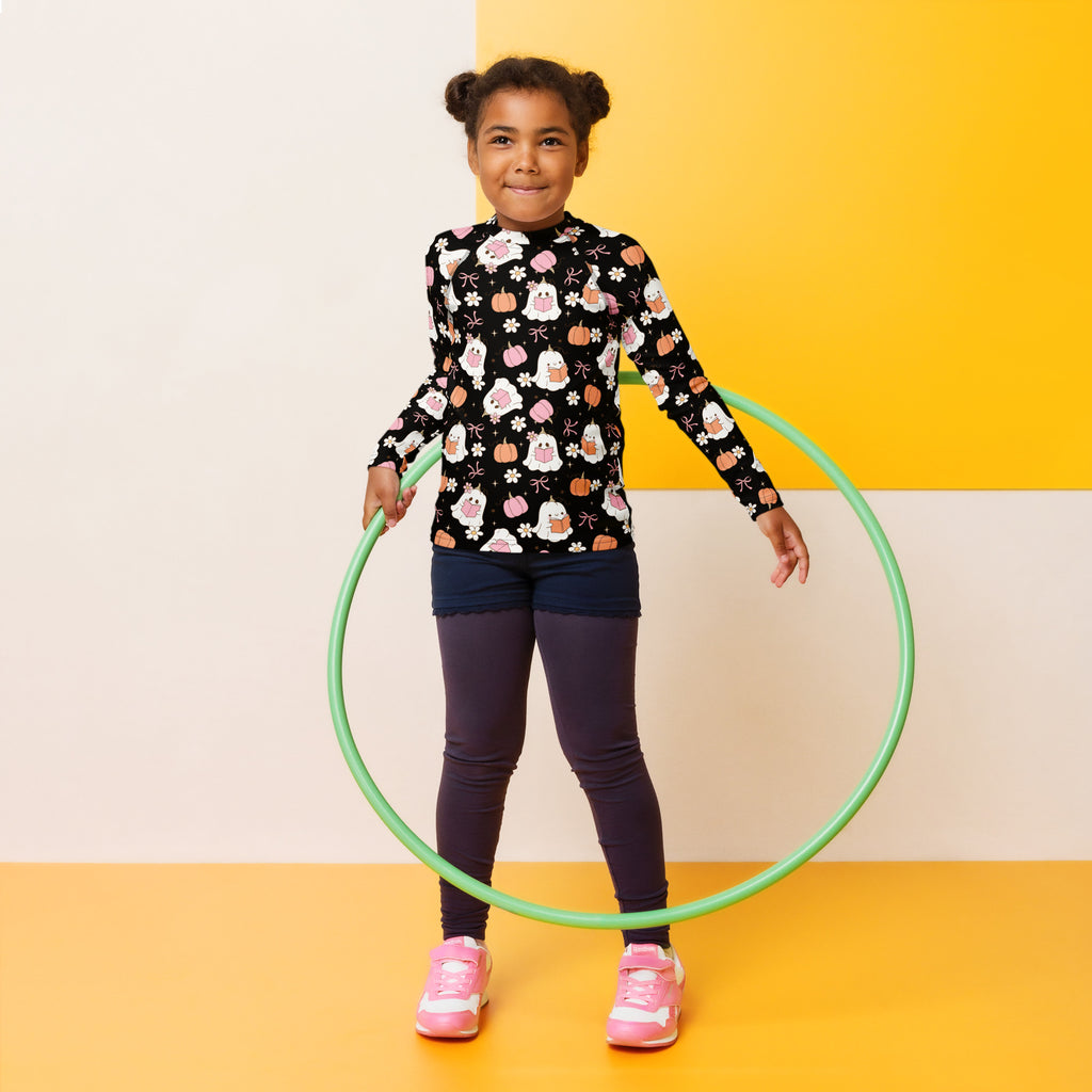 Girls Cute Floral Ghosts and Pumpkins Long Sleeve Rash Guard Swim Shirt – Buttery Soft, Sun Safe UPF 50+ Protection, Quick Dry & 4-Way Stretch Comfort